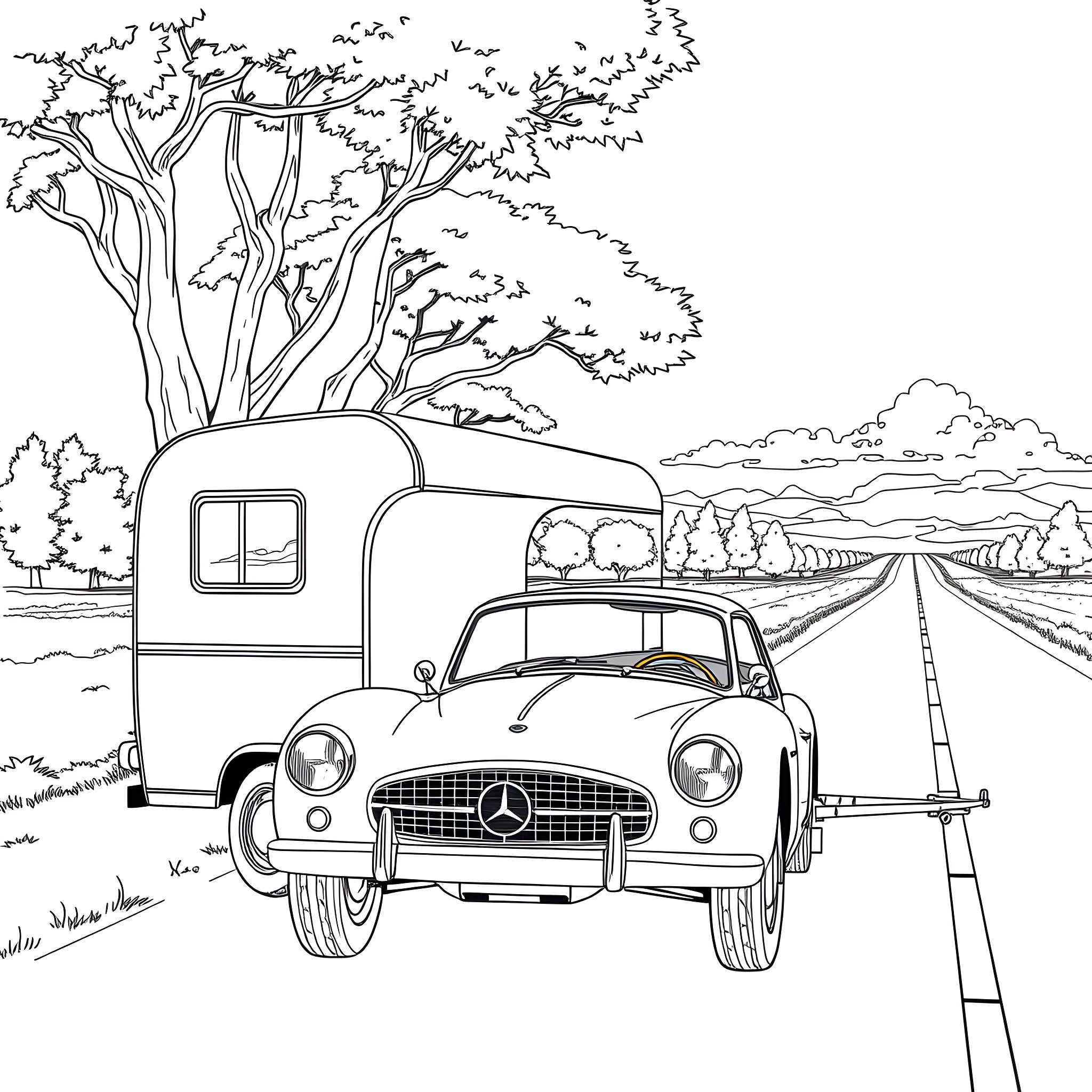 Car on a road trip through scenic countryside Coloring Page (free black-and-white line drawing printable PDF for all, from beginners to advanced learners, including children, teens, adults, and seniors)