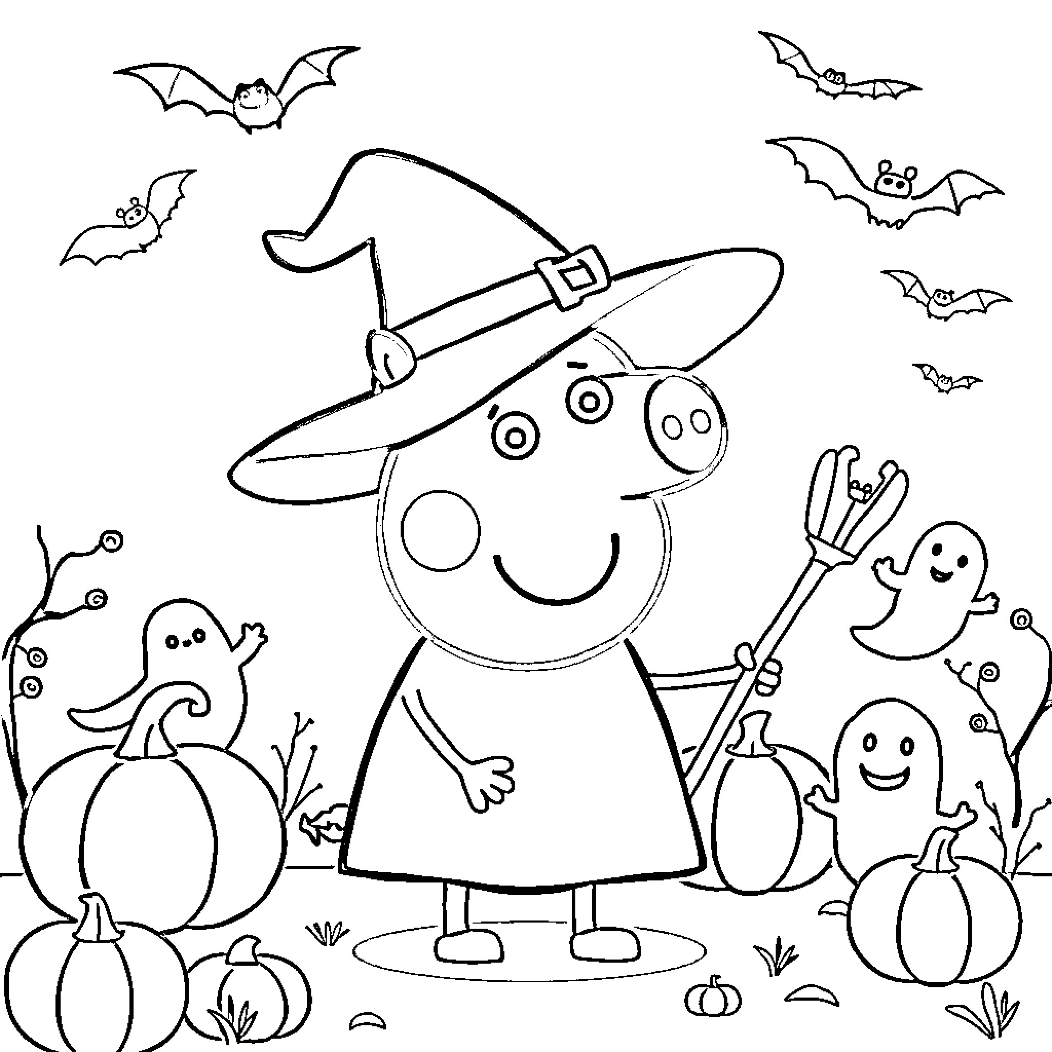Peppa Pig's Halloween adventure with spooky friends Coloring Page (free black-and-white line drawing printable PDF for all, from beginners to advanced learners, including children, teens, adults, and seniors)
