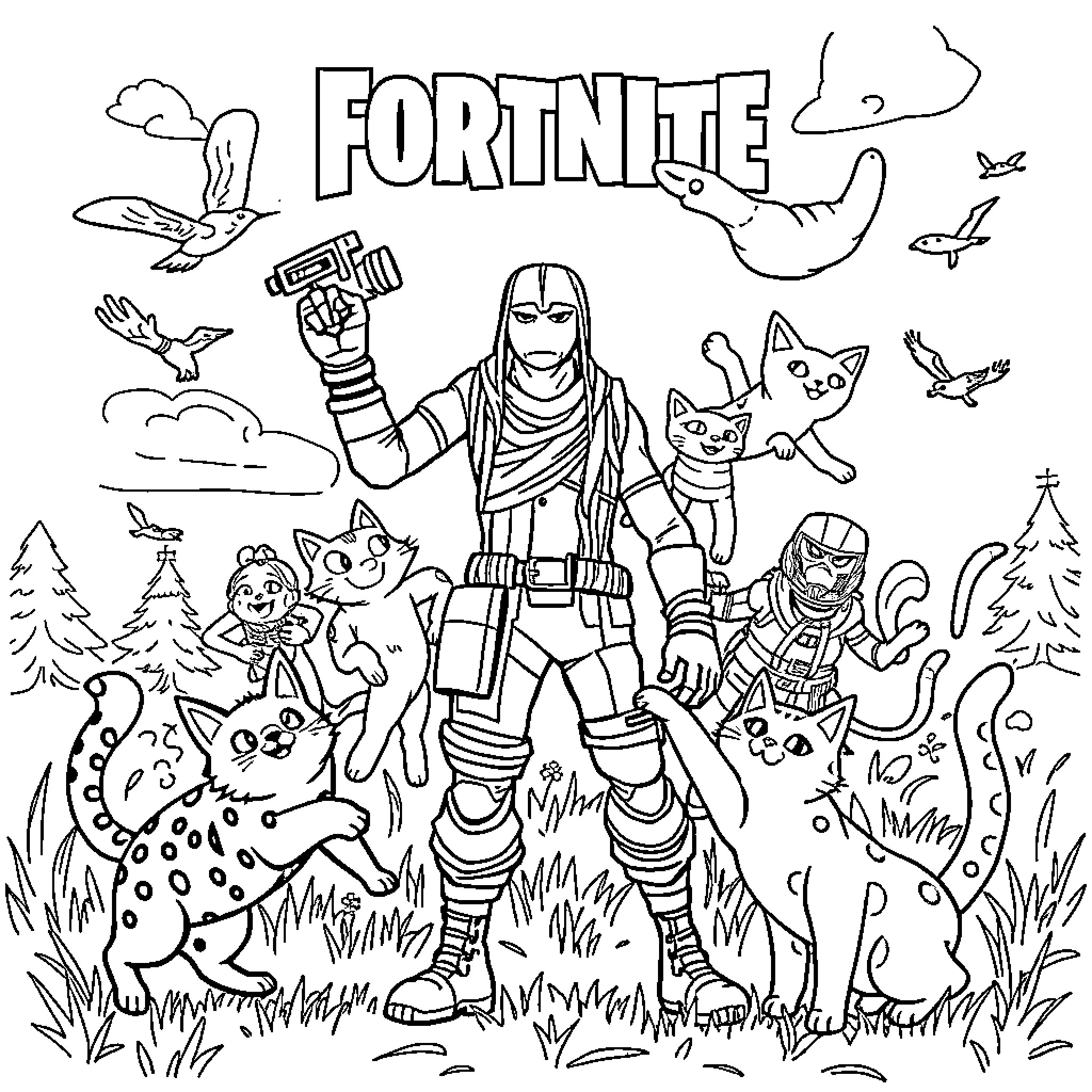 Fortnite characters in vibrant outdoor scene Coloring Page (free black-and-white line drawing printable PDF for all, from beginners to advanced learners, including children, teens, adults, and seniors)