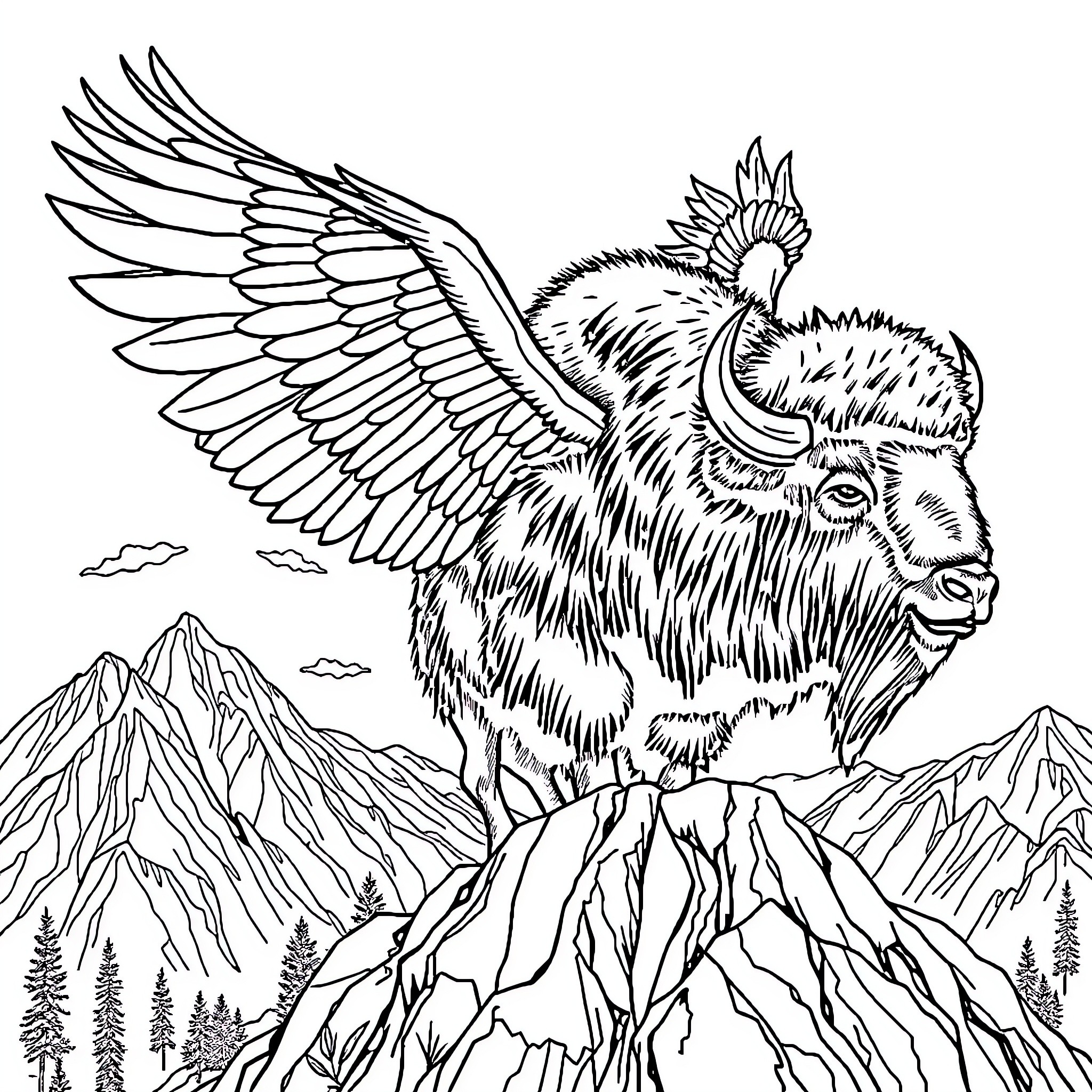 Winged Bison soaring over rugged mountain peaks Coloring Page (free black-and-white line drawing printable PDF for all, from beginners to advanced learners, including children, teens, adults, and seniors)