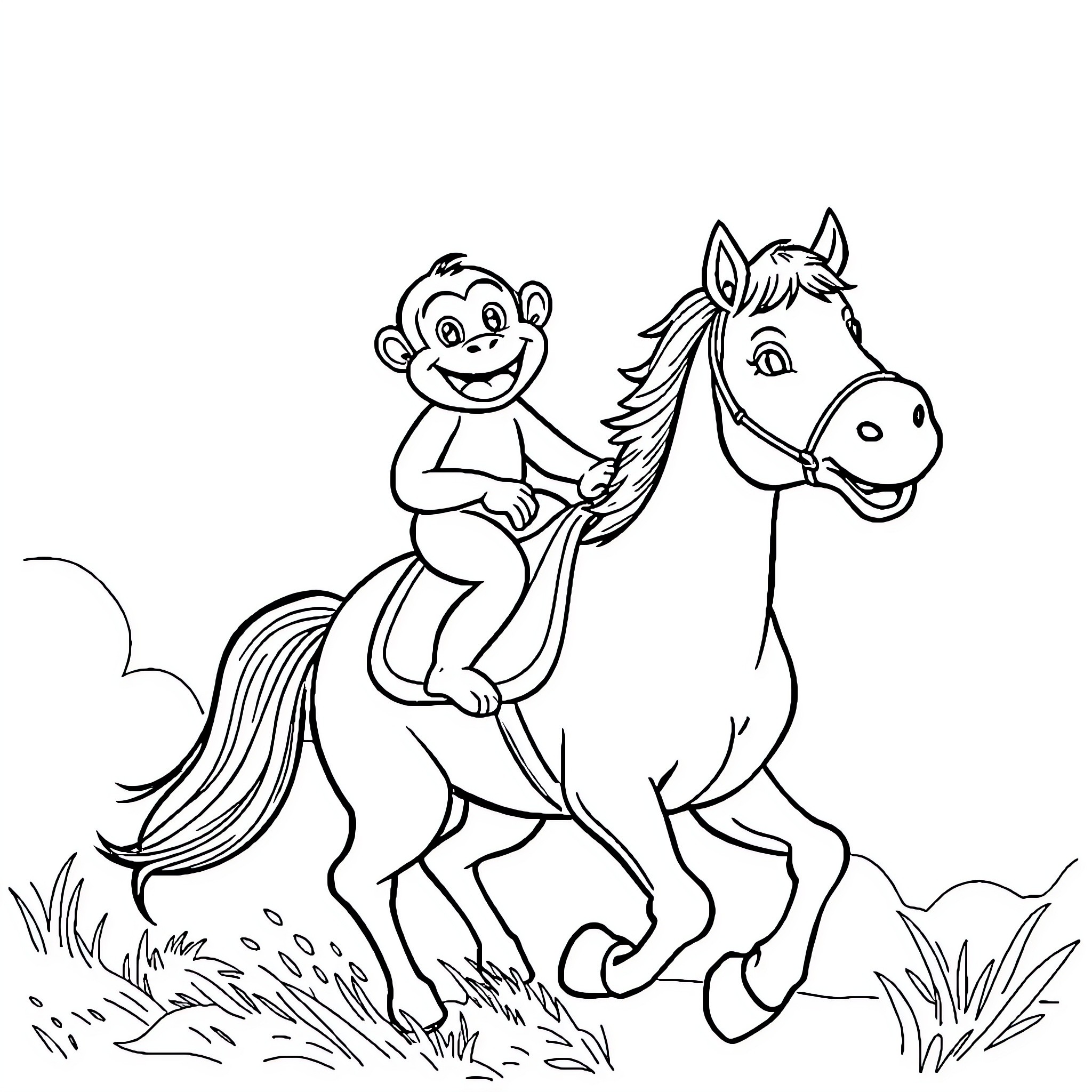 Monkey riding a happy horse Coloring Page (free black-and-white line drawing printable PDF for all, from beginners to advanced learners, including children, teens, adults, and seniors)