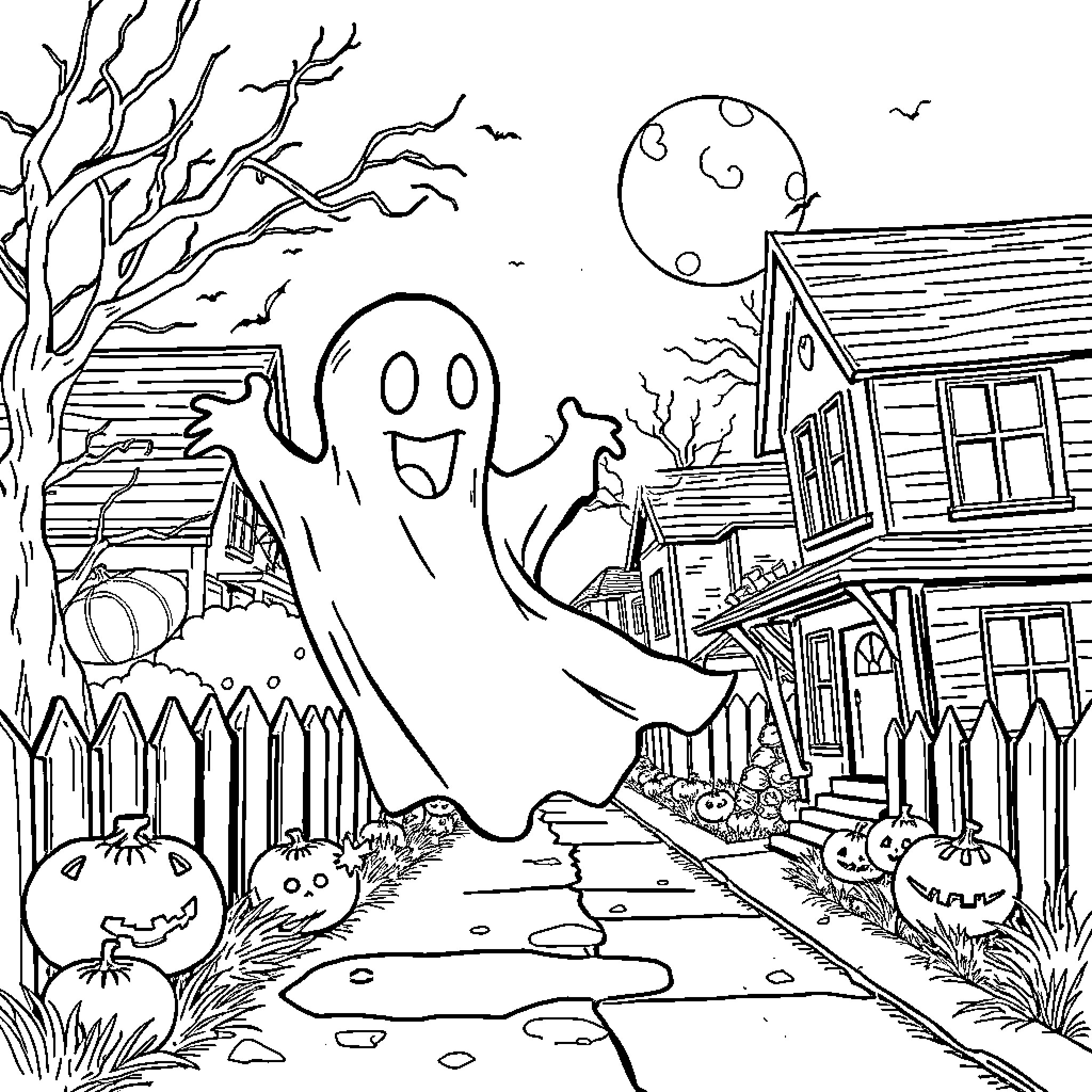 Ghost Haunting a Spooky Neighborhood on Halloween Night Coloring Page (free black-and-white line drawing printable PDF for all, from beginners to advanced learners, including children, teens, adults, and seniors)