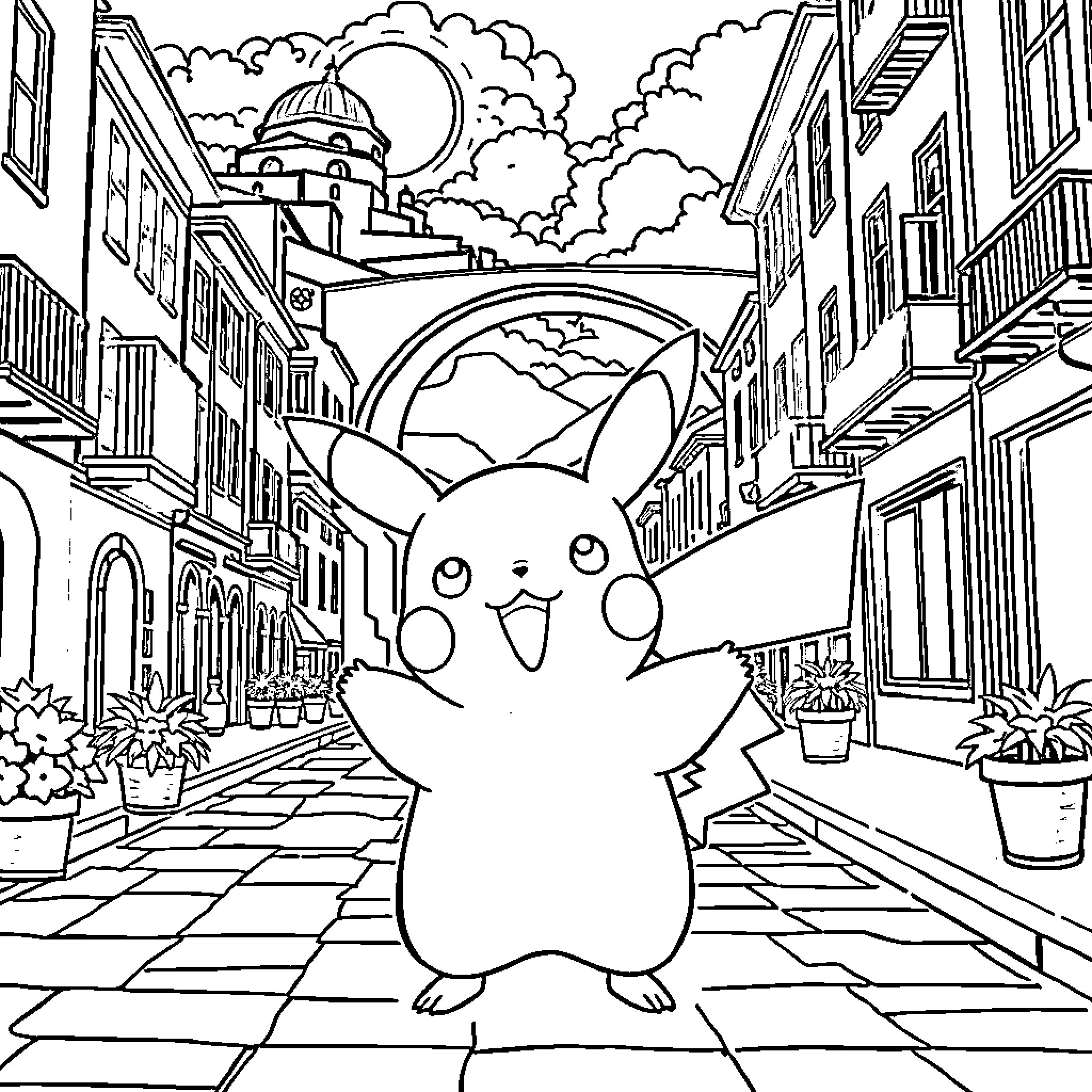 Pikachu exploring the charming city street Coloring Page (free black-and-white line drawing printable PDF for all, from beginners to advanced learners, including children, teens, adults, and seniors)