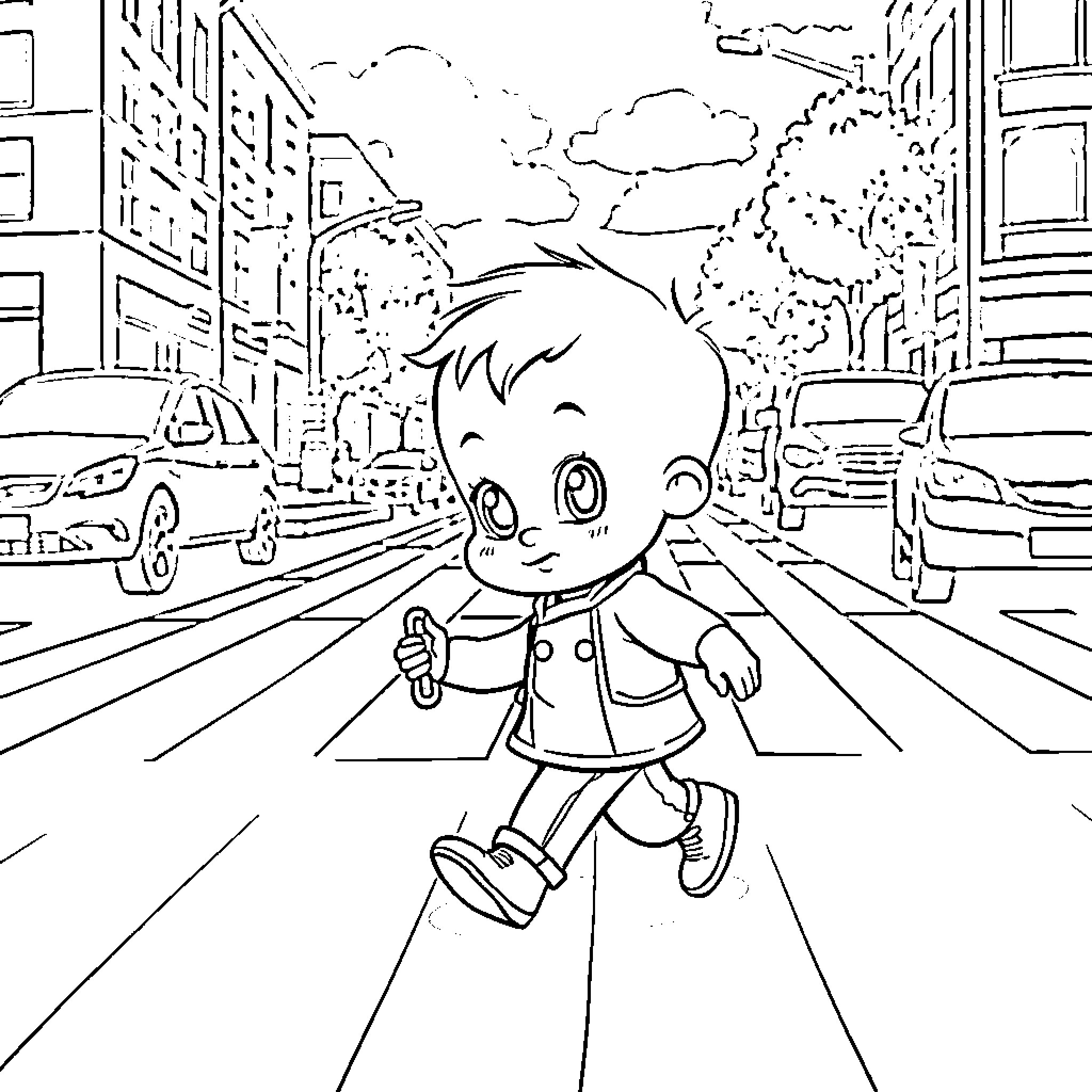 Baby explores the city street Coloring Page (free black-and-white line drawing printable PDF for all, from beginners to advanced learners, including children, teens, adults, and seniors)