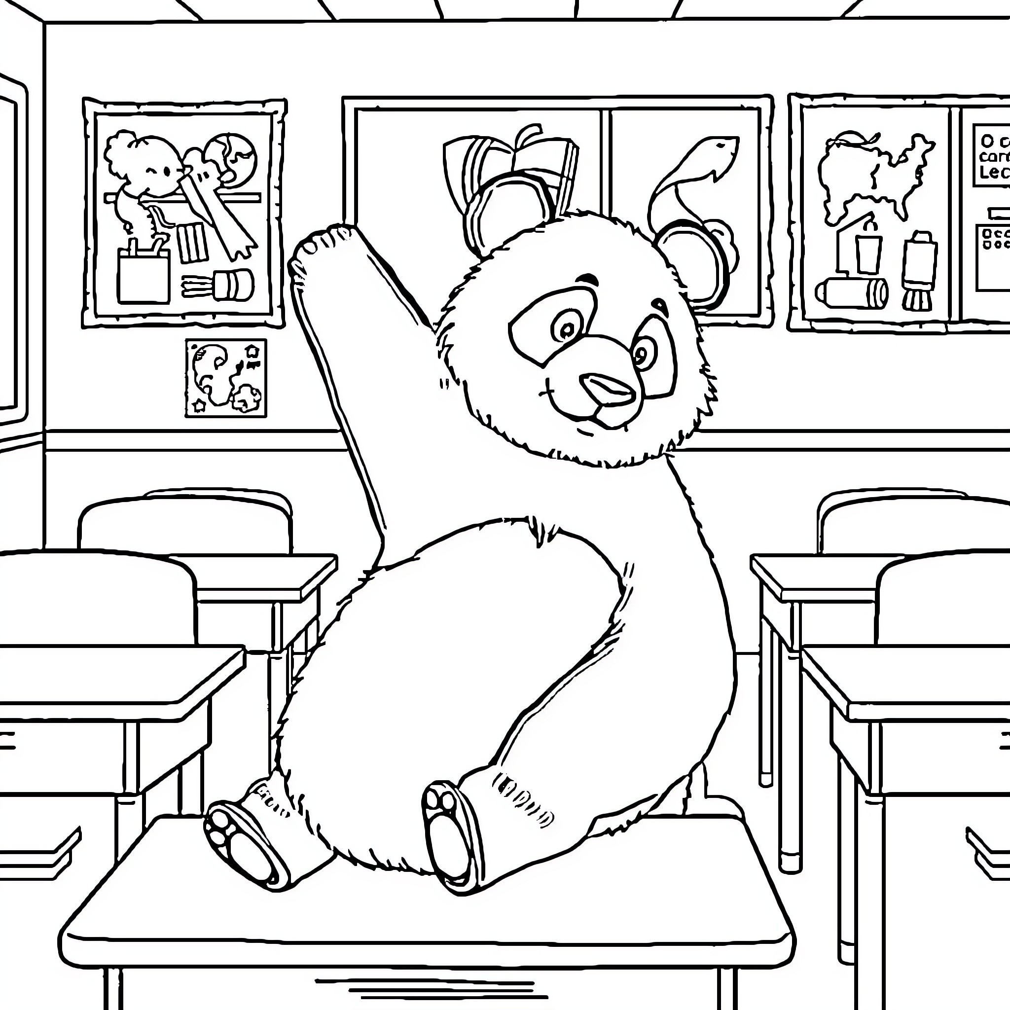Panda sitting happily in a classroom Coloring Page (free black-and-white line drawing printable PDF for all, from beginners to advanced learners, including children, teens, adults, and seniors)