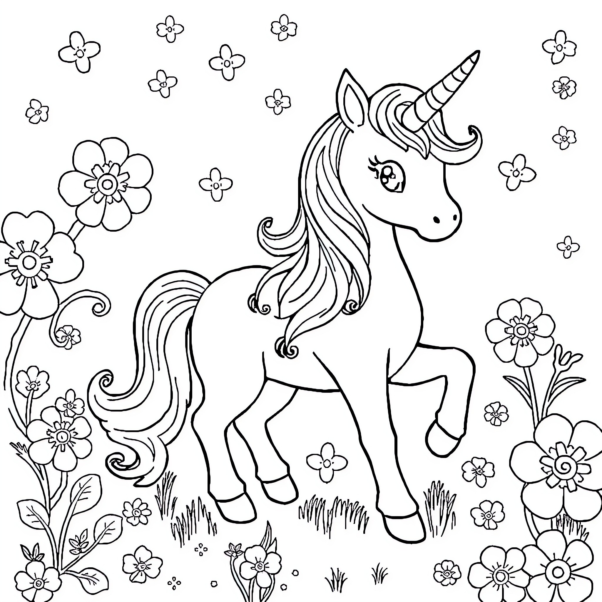 Unicorn strolling through a floral meadow Coloring Page (free black-and-white line drawing printable PDF for all, from beginners to advanced learners, including children, teens, adults, and seniors)