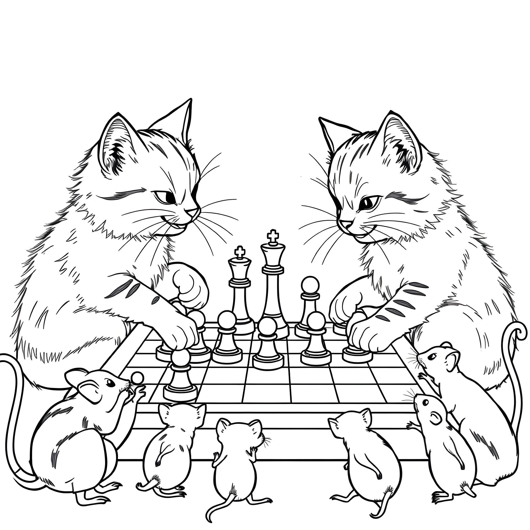 Cats playing with chess pieces and mice Coloring Page (free black-and-white line drawing printable PDF for all, from beginners to advanced learners, including children, teens, adults, and seniors)
