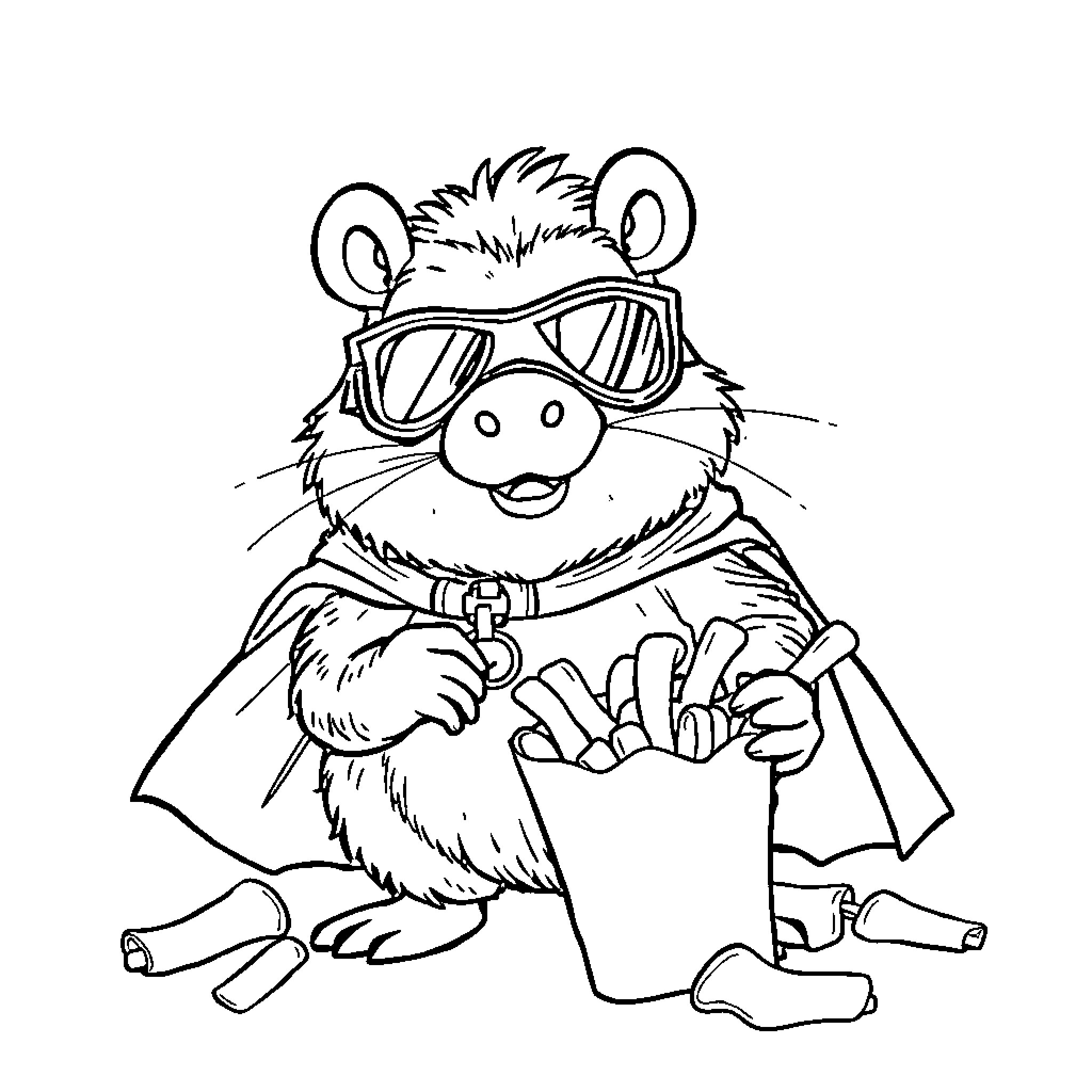 Superhero Platypus shopping with oversized bags Coloring Page (free black-and-white line drawing printable PDF for all, from beginners to advanced learners, including children, teens, adults, and seniors)