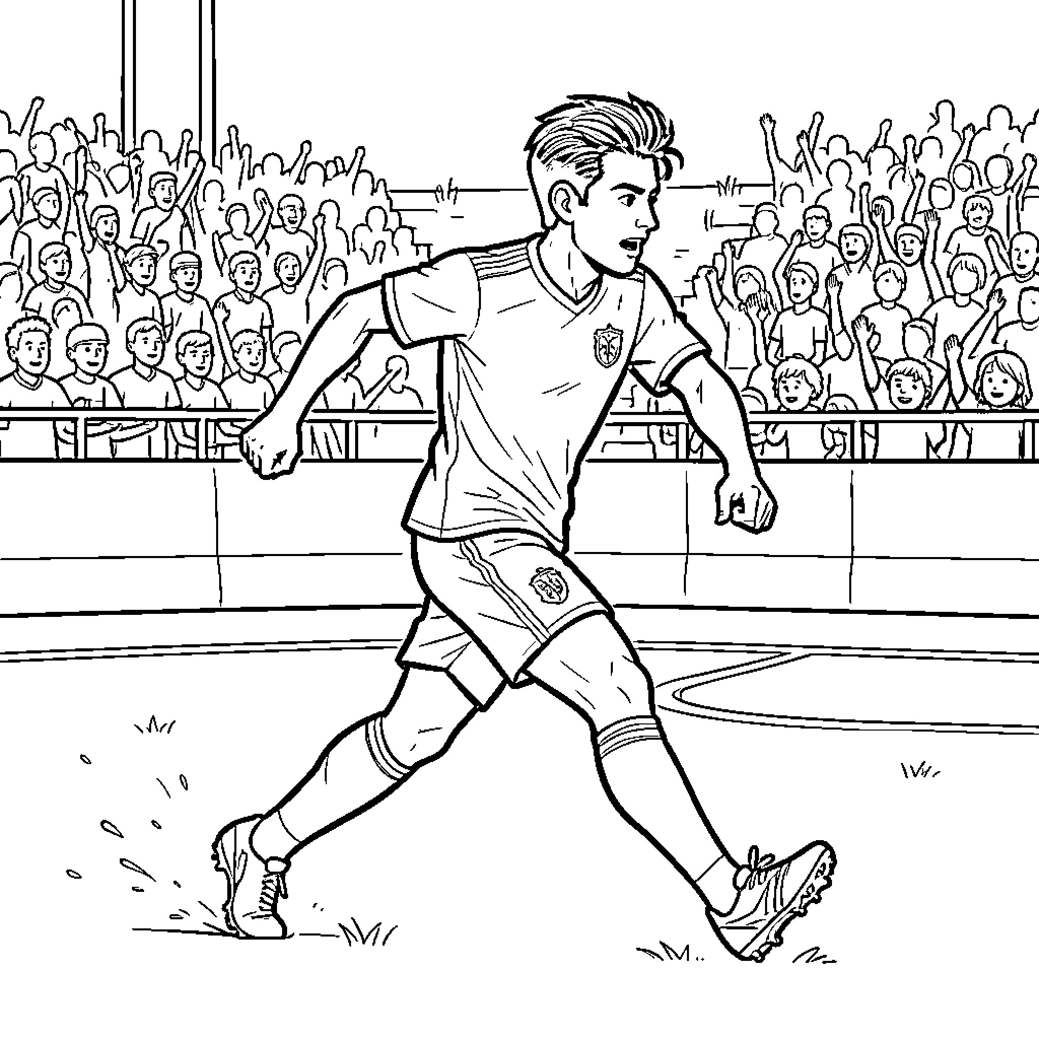 Football Player Celebrates Goal in Front of Cheering Crowd Coloring Page (free black-and-white line drawing printable PDF for all, from beginners to advanced learners, including children, teens, adults, and seniors)