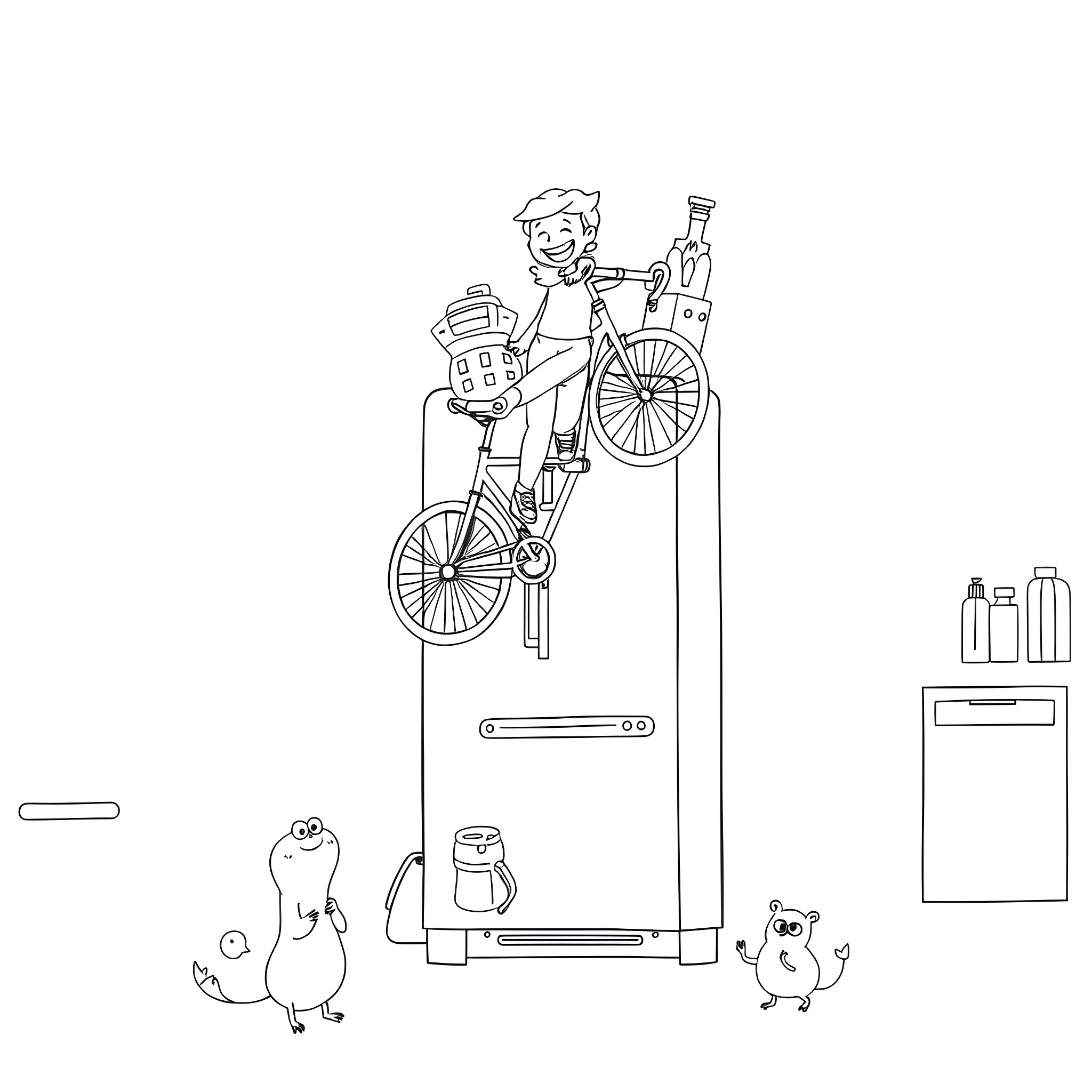 Bicycle rider with household items Coloring Page (free black-and-white line drawing printable PDF for all, from beginners to advanced learners, including children, teens, adults, and seniors)