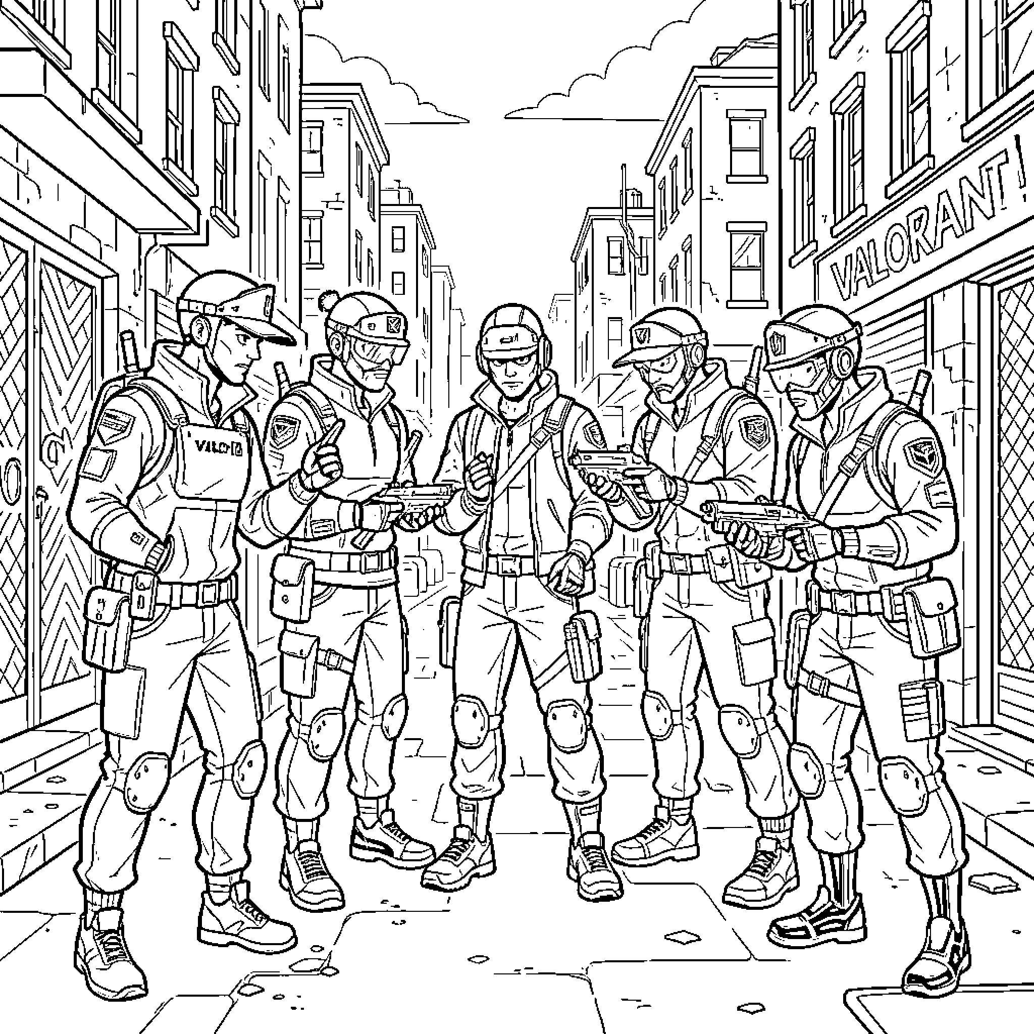 Valorant agents standing together in a city street Coloring Page (free black-and-white line drawing printable PDF for all, from beginners to advanced learners, including children, teens, adults, and seniors)