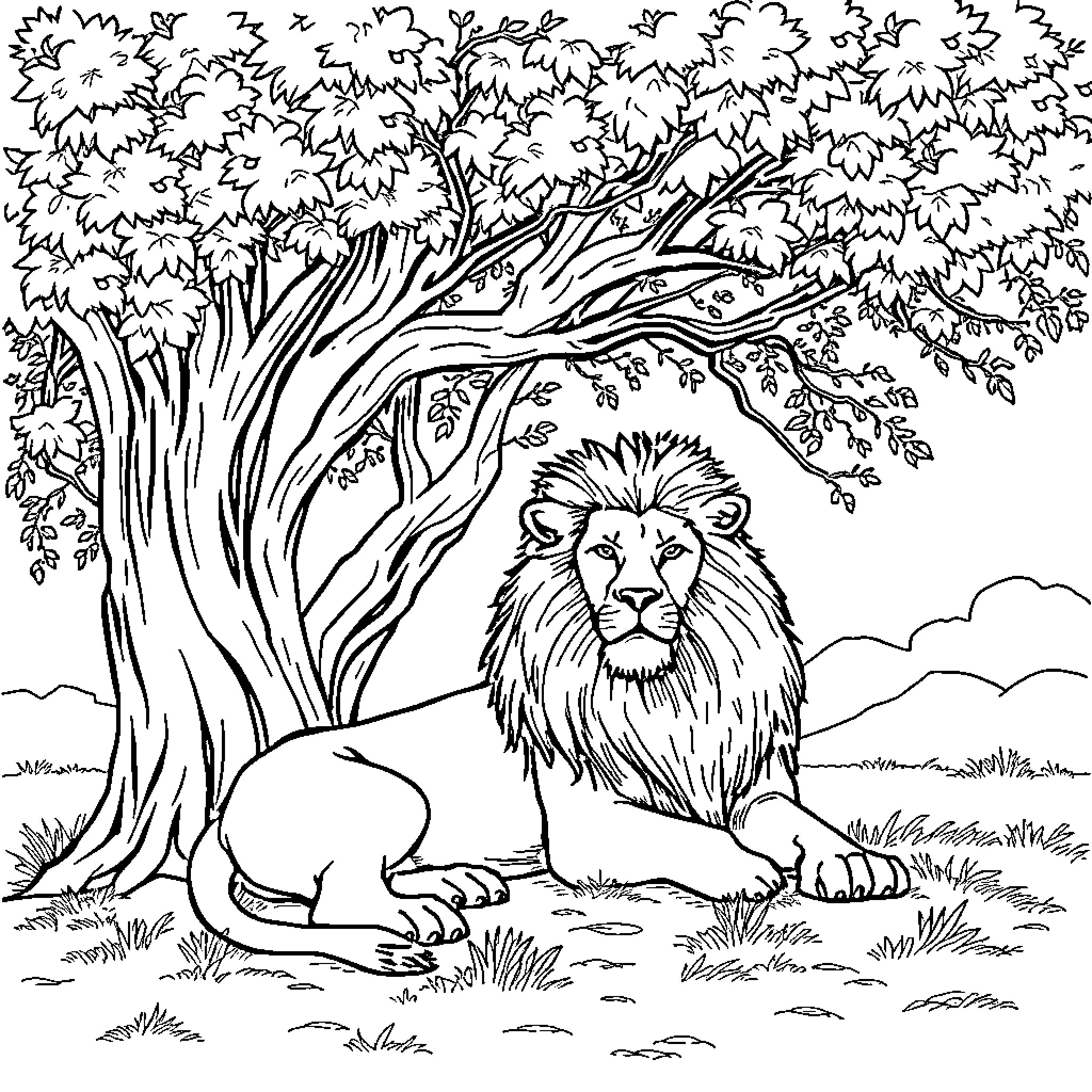 Lion resting in the lush forest Coloring Page (free black-and-white line drawing printable PDF for all, from beginners to advanced learners, including children, teens, adults, and seniors)