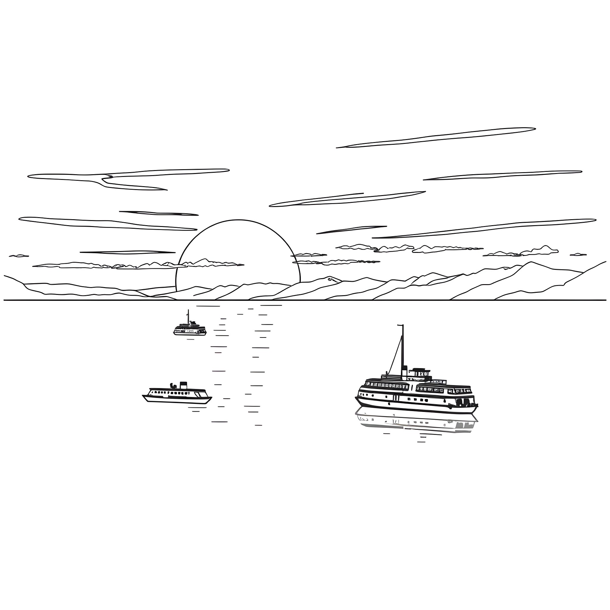 Sunset on the water with boats Coloring Page (free black-and-white line drawing printable PDF for all, from beginners to advanced learners, including children, teens, adults, and seniors)
