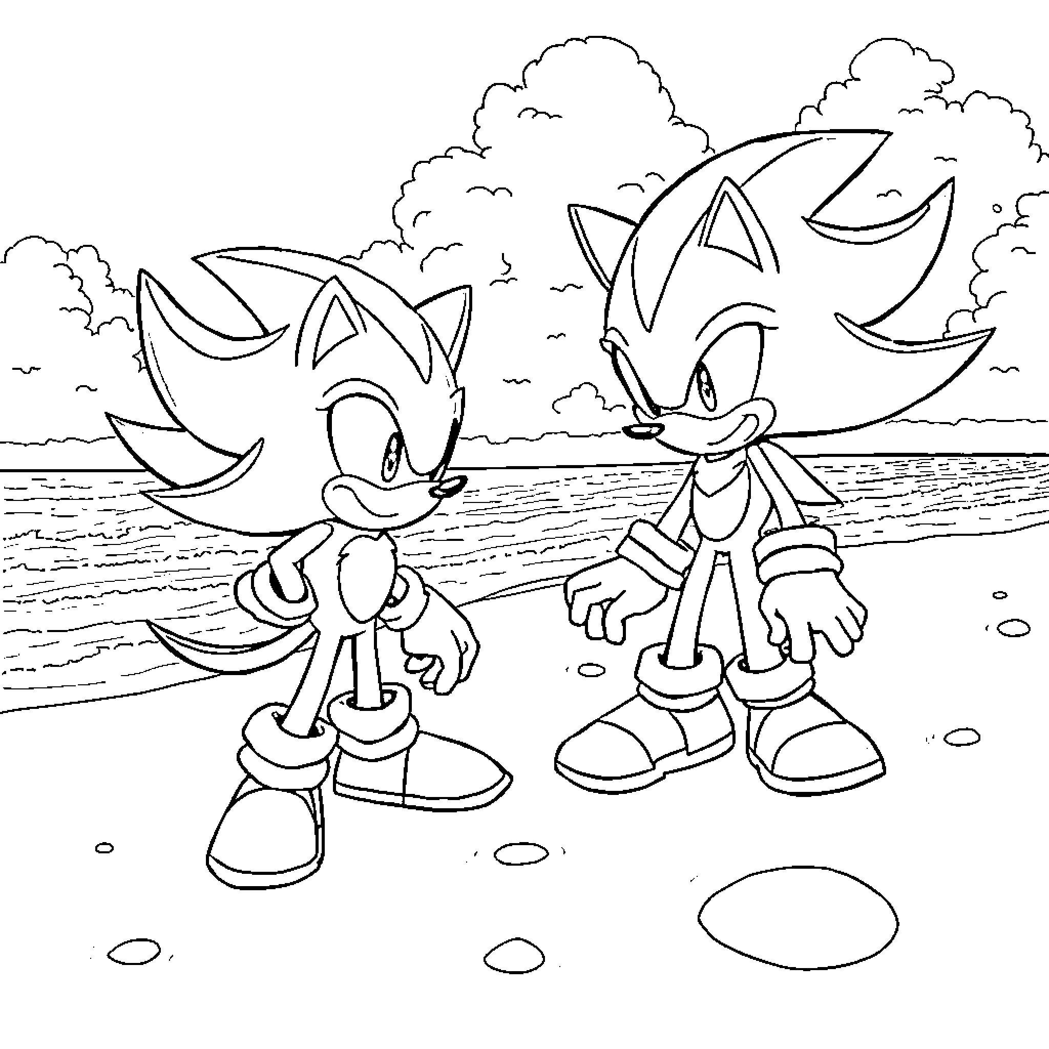 Sonic and Friends in an Outdoor Adventure Coloring Page (free black-and-white line drawing printable PDF for all, from beginners to advanced learners, including children, teens, adults, and seniors)