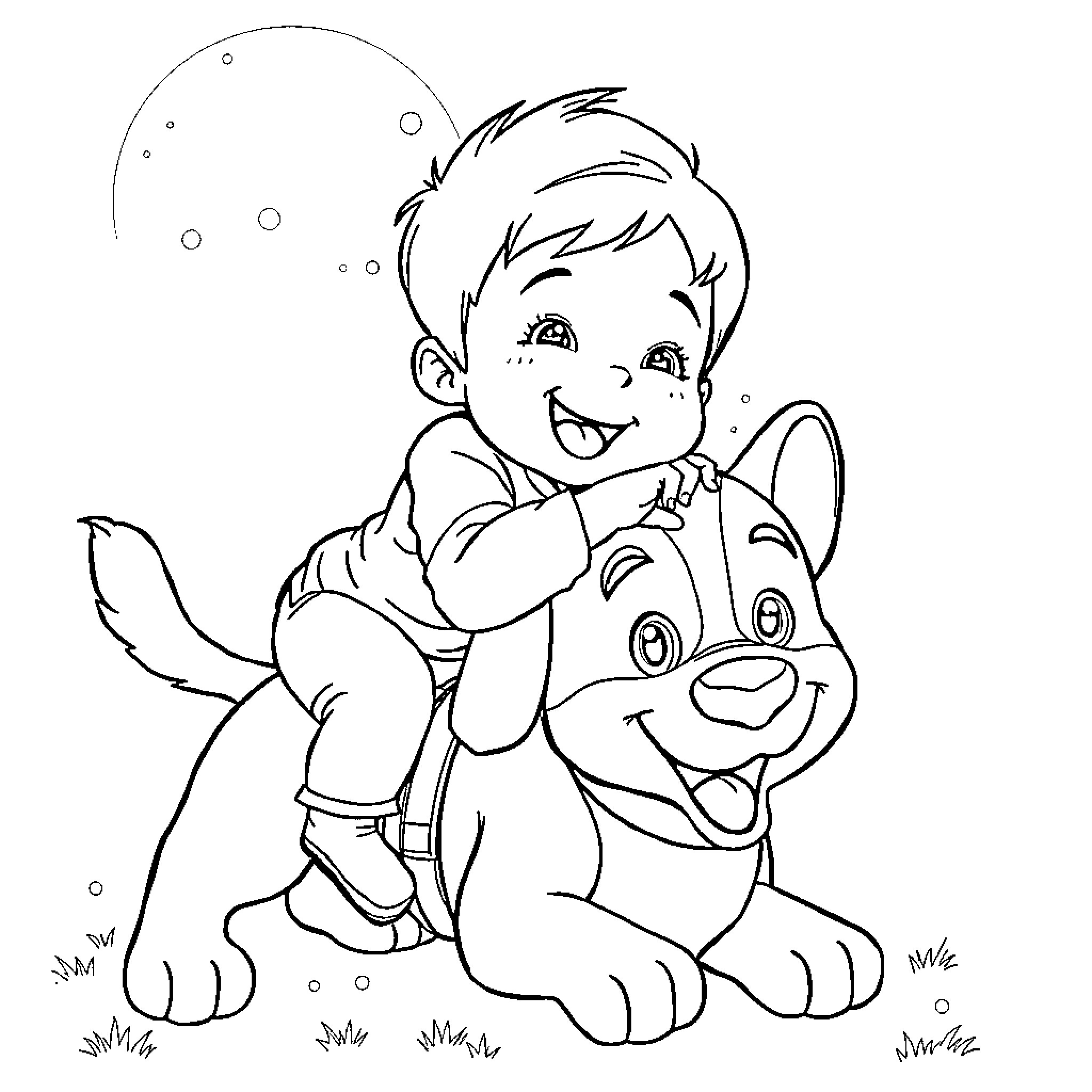 Child happily riding on a friendly puppy Coloring Page (free black-and-white line drawing printable PDF for all, from beginners to advanced learners, including children, teens, adults, and seniors)