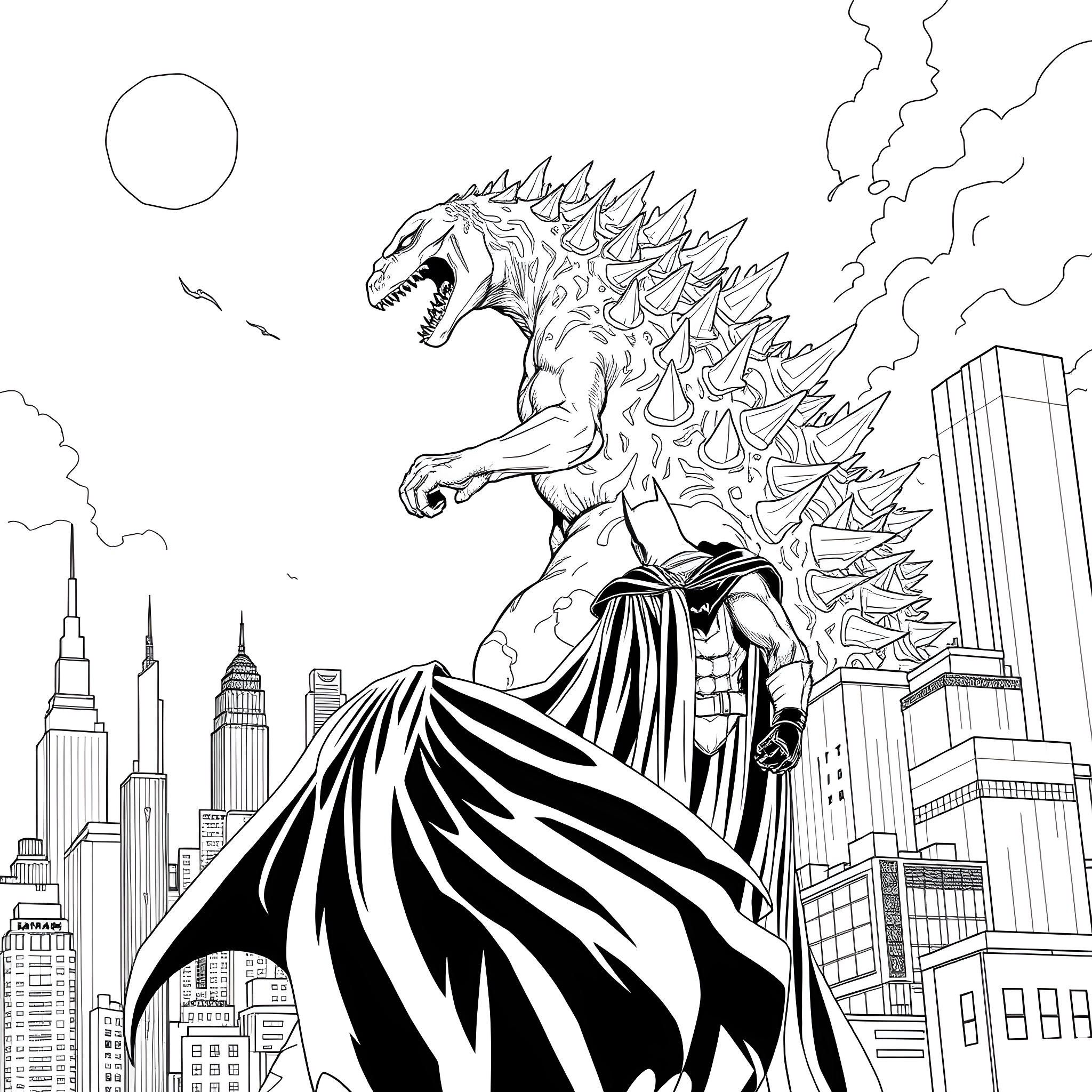 Godzilla Terrorizing the City Skyline Coloring Page (free black-and-white line drawing printable PDF for all, from beginners to advanced learners, including children, teens, adults, and seniors)