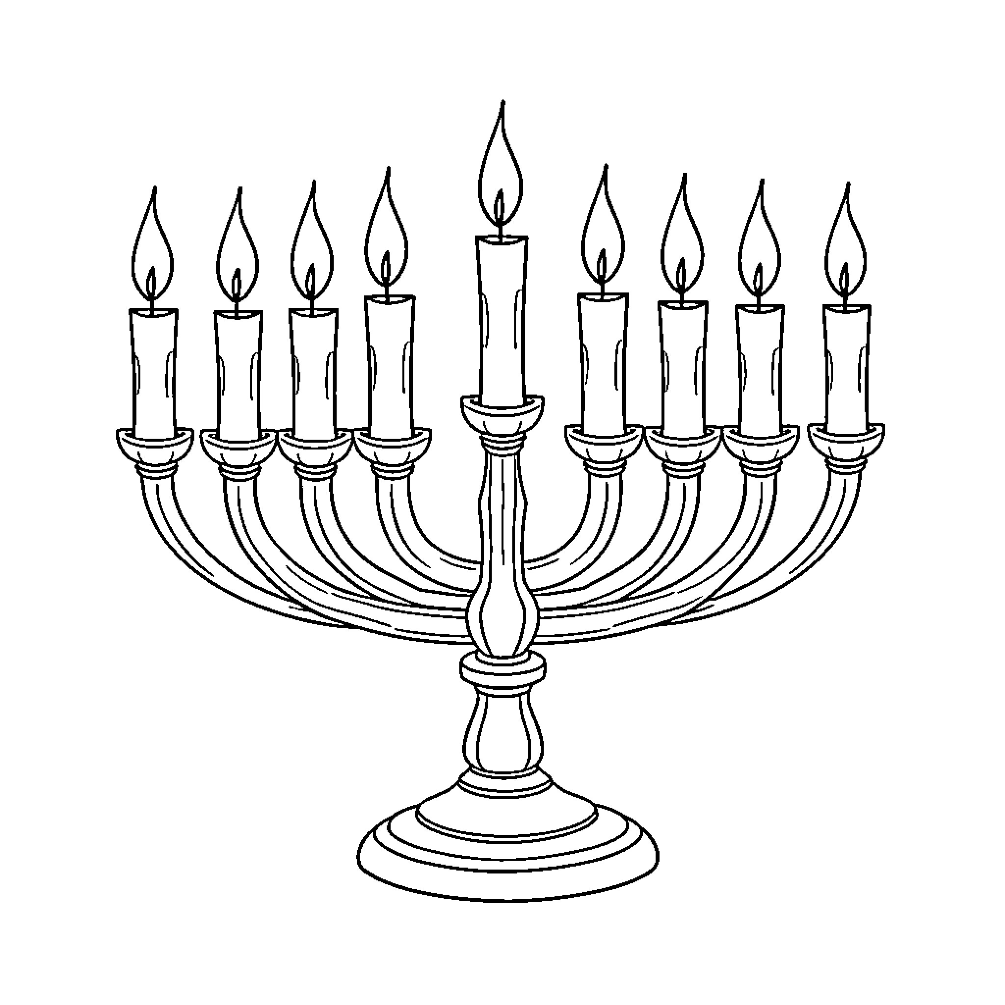 Menorah with burning candles Coloring Page (free black-and-white line drawing printable PDF for all, from beginners to advanced learners, including children, teens, adults, and seniors)