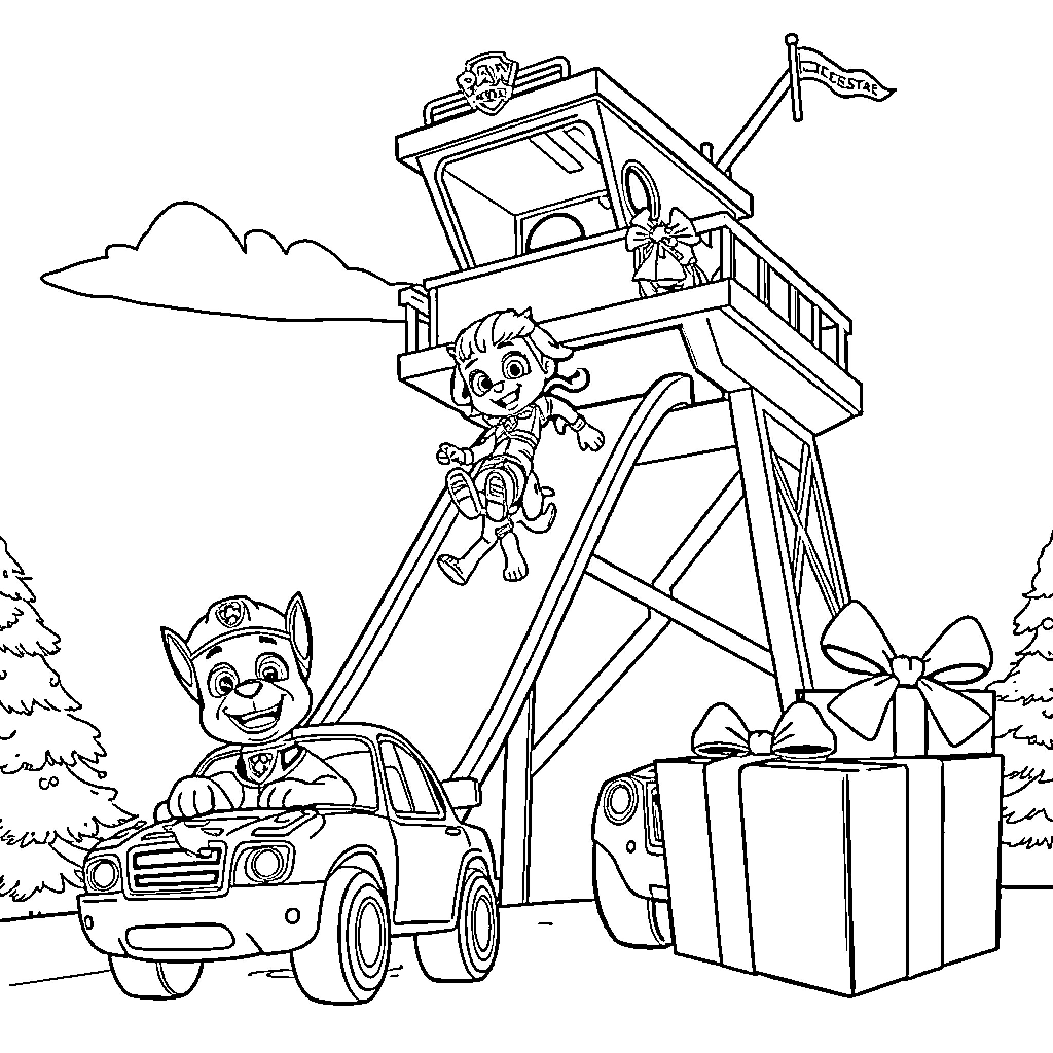 Paw Patrol Rescue Team Saving the Day Coloring Page (free black-and-white line drawing printable PDF for all, from beginners to advanced learners, including children, teens, adults, and seniors)