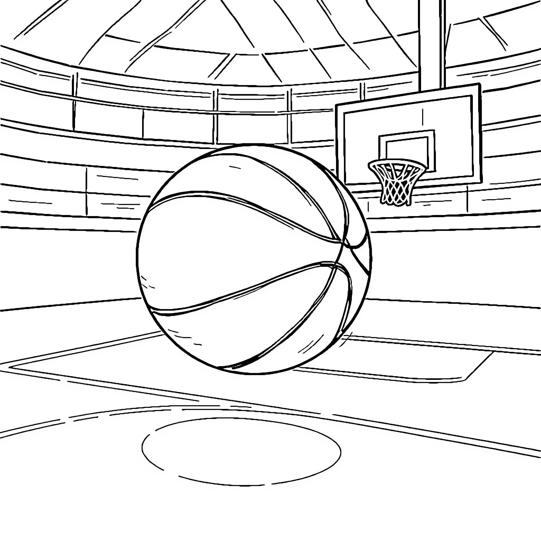 Basketball game in an indoor stadium Coloring Page (free black-and-white line drawing printable PDF for all, from beginners to advanced learners, including children, teens, adults, and seniors)