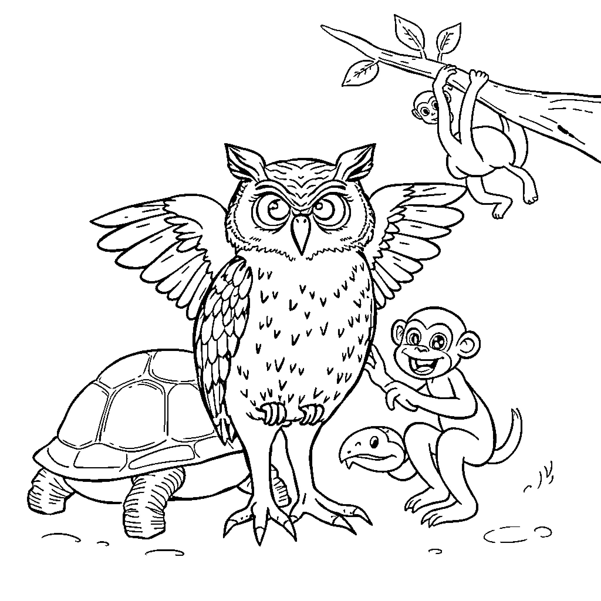 Owl surrounded by playful animals in nature Coloring Page (free black-and-white line drawing printable PDF for all, from beginners to advanced learners, including children, teens, adults, and seniors)