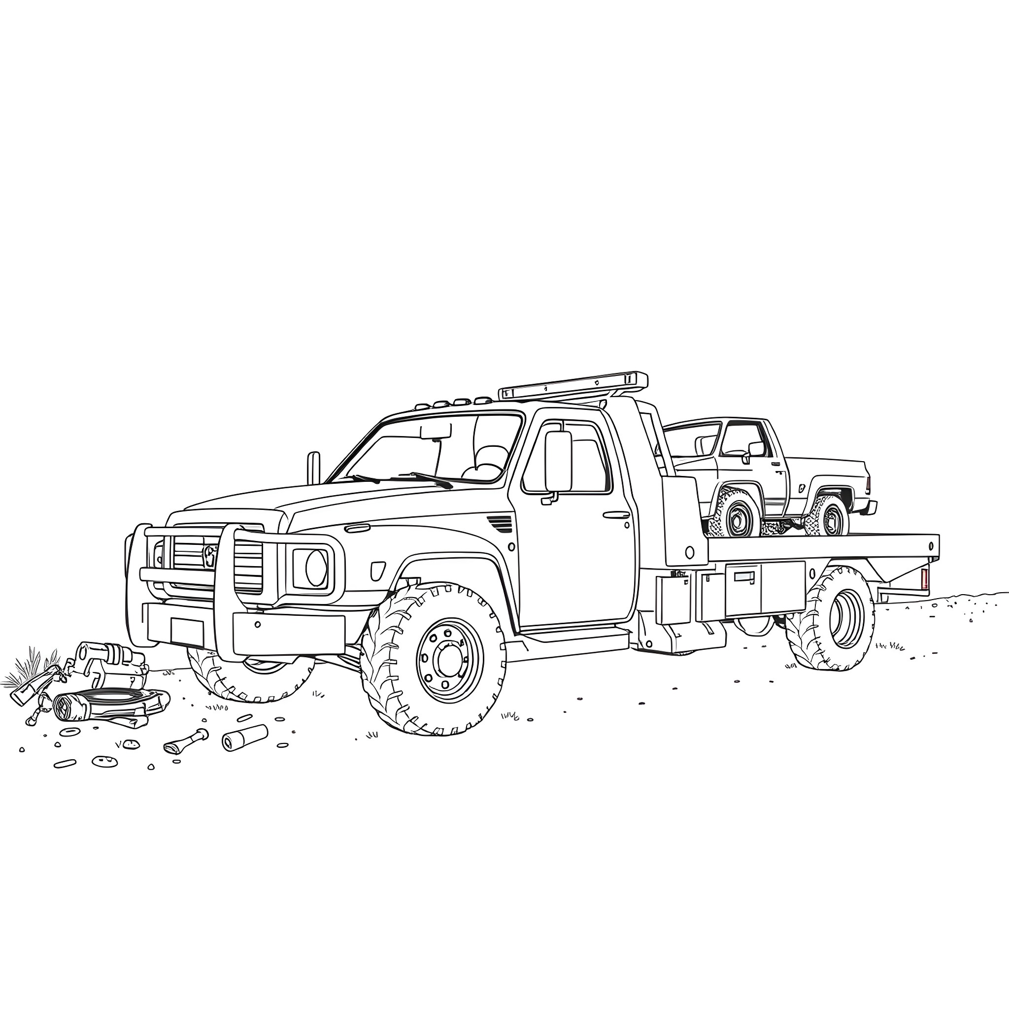 Rollback Truck Transporting Off-Road Vehicle Coloring Page (free black-and-white line drawing printable PDF for all, from beginners to advanced learners, including children, teens, adults, and seniors)