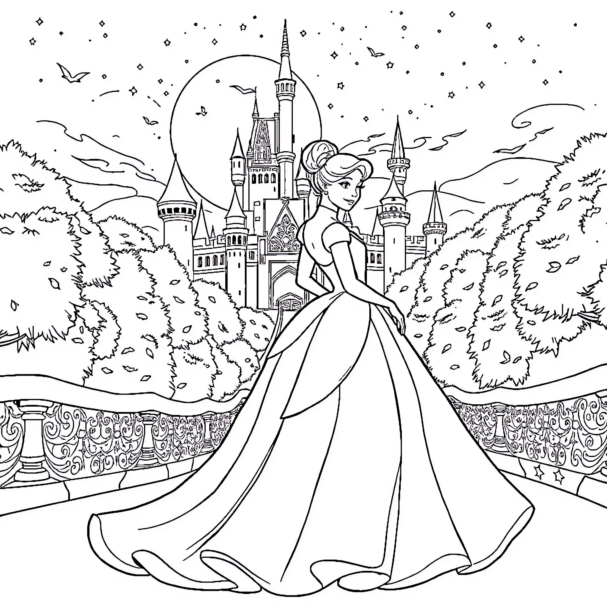 Cinderella's Dream - A Magical Castle Adventure Coloring Page (free black-and-white line drawing printable PDF for all, from beginners to advanced learners, including children, teens, adults, and seniors)