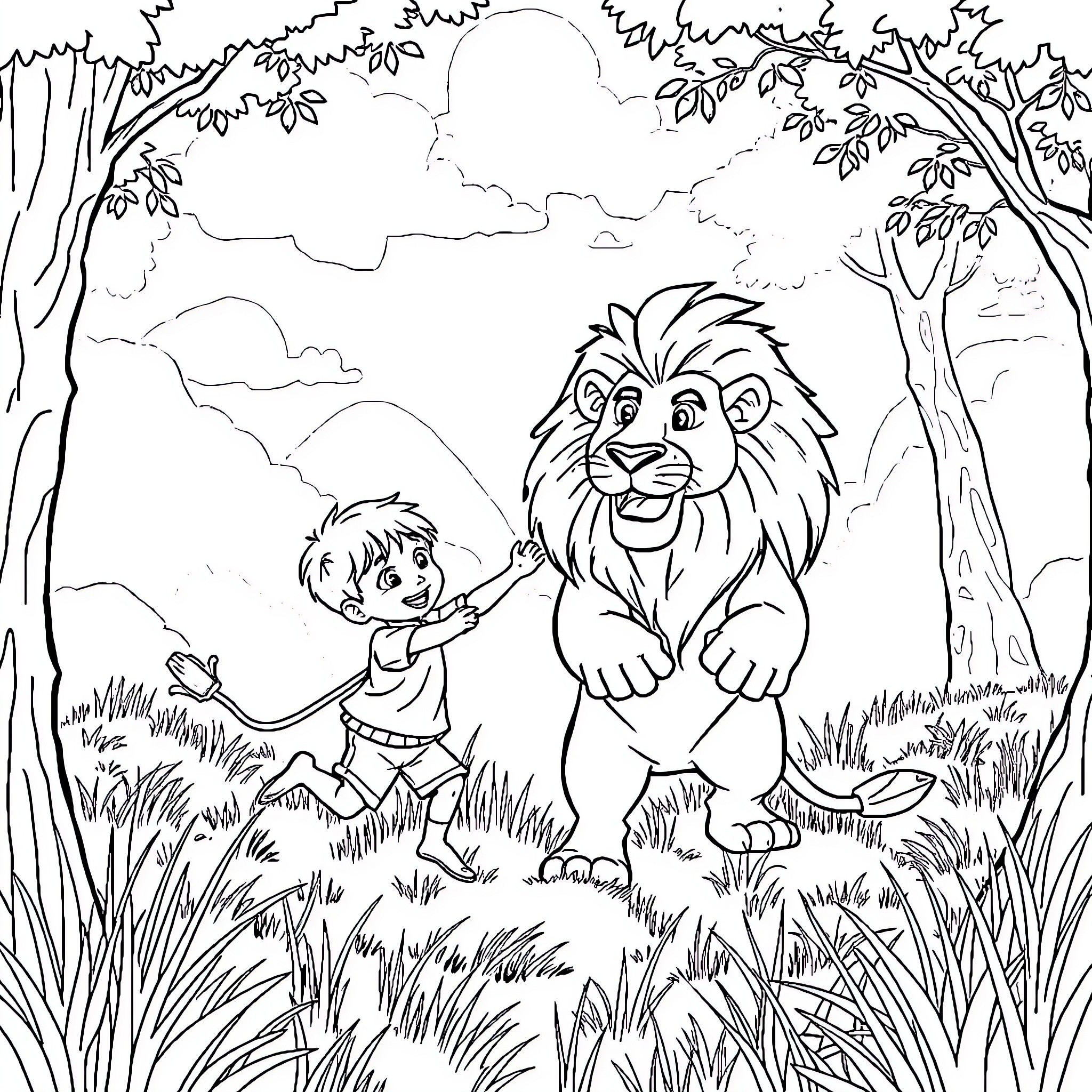 Child interacting with friendly lion in the jungle Coloring Page (free black-and-white line drawing printable PDF for all, from beginners to advanced learners, including children, teens, adults, and seniors)