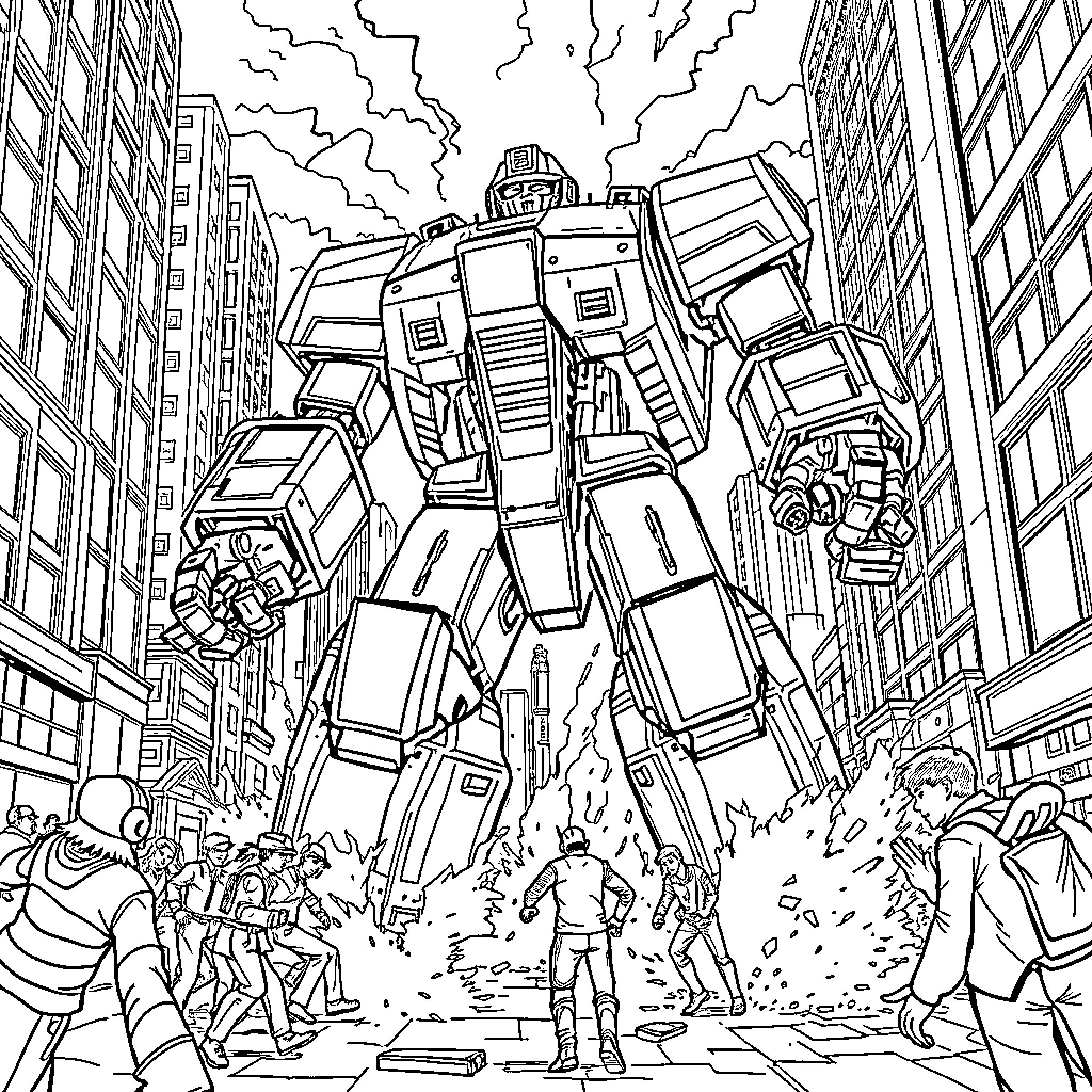 Robot Transforming Amid Chaotic City Landscape Coloring Page (free black-and-white line drawing printable PDF for all, from beginners to advanced learners, including children, teens, adults, and seniors)