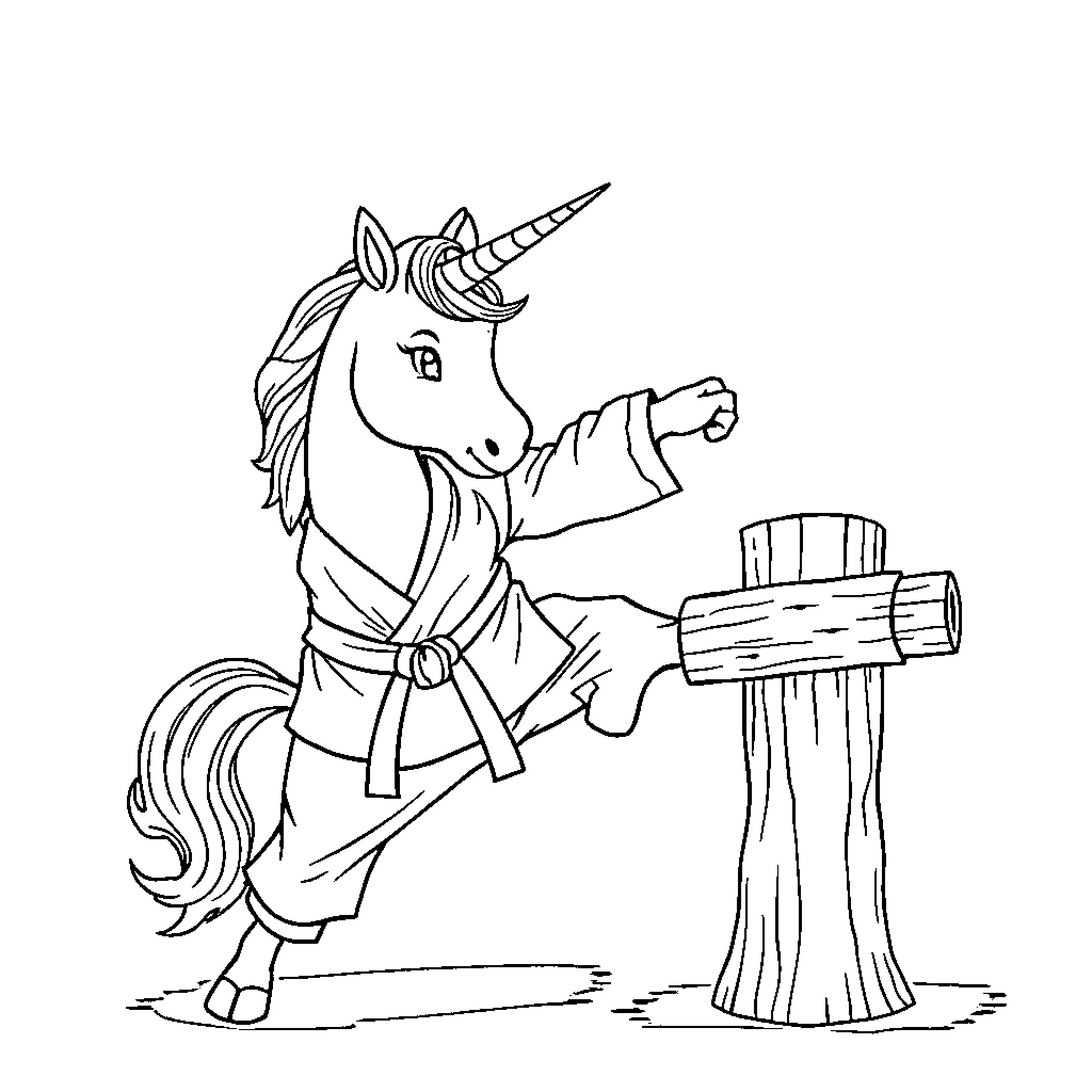 Unicorn Warrior Wielding Wooden Staff Coloring Page (free black-and-white line drawing printable PDF for all, from beginners to advanced learners, including children, teens, adults, and seniors)