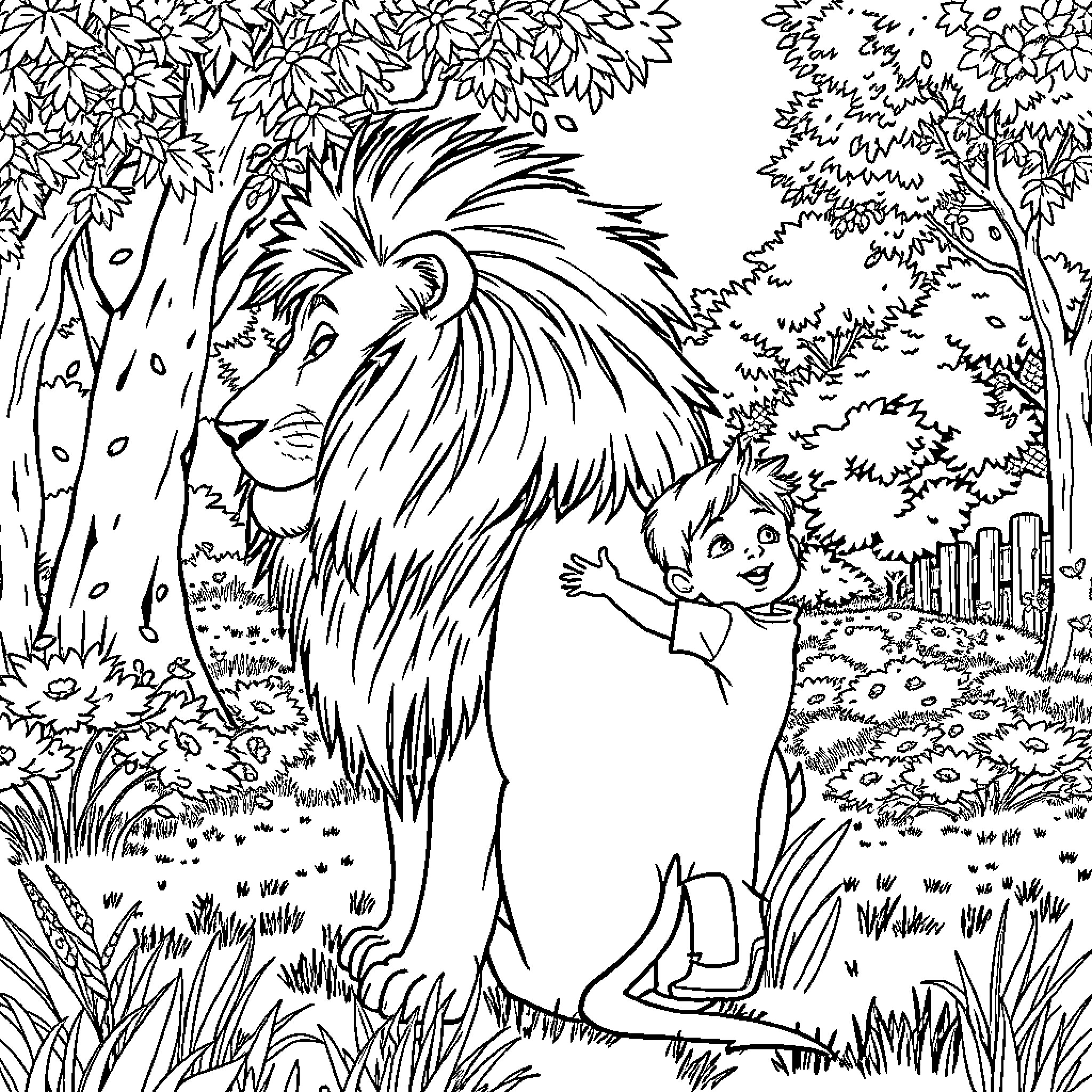 Boy encountering a mighty lion in the lush forest Coloring Page (free black-and-white line drawing printable PDF for all, from beginners to advanced learners, including children, teens, adults, and seniors)