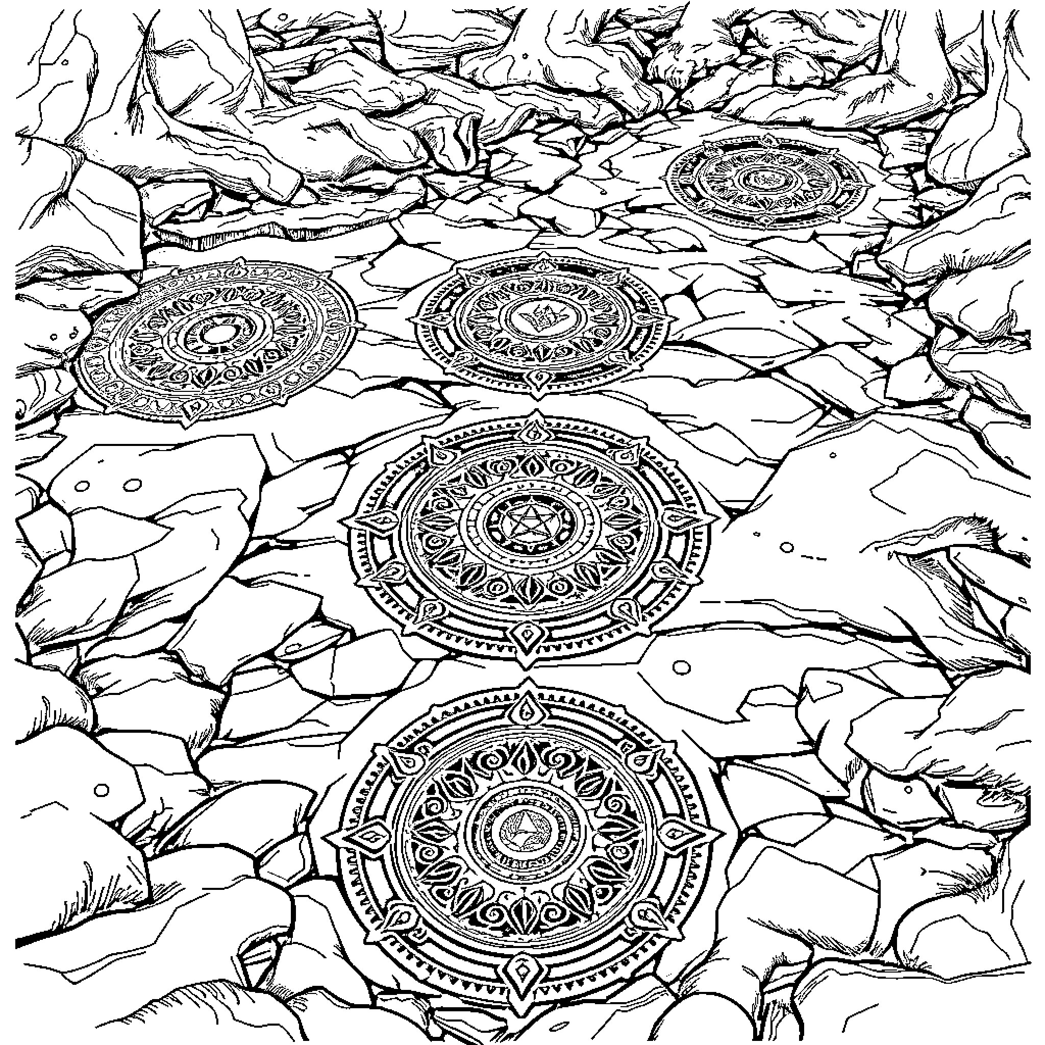 Transmutation Circle of Mystical Symbols and Cracked Earth Coloring Page (free black-and-white line drawing printable PDF for all, from beginners to advanced learners, including children, teens, adults, and seniors)