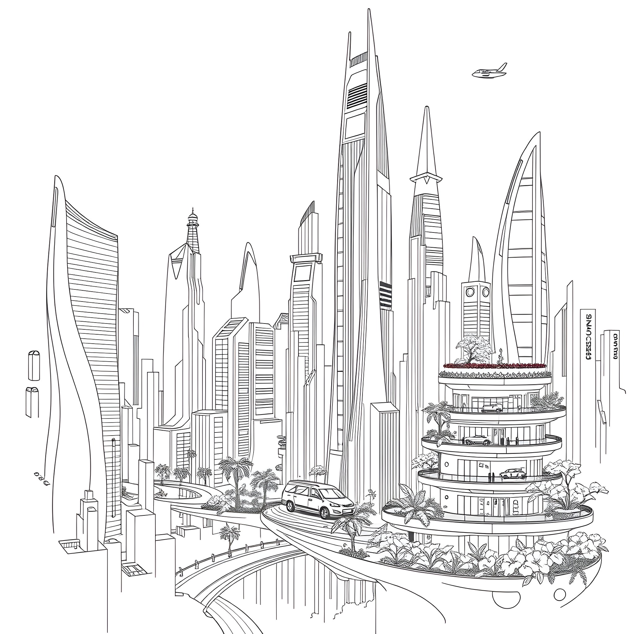 Futuristic Cityscape with Towering Skyscrapers Coloring Page (free black-and-white line drawing printable PDF for all, from beginners to advanced learners, including children, teens, adults, and seniors)