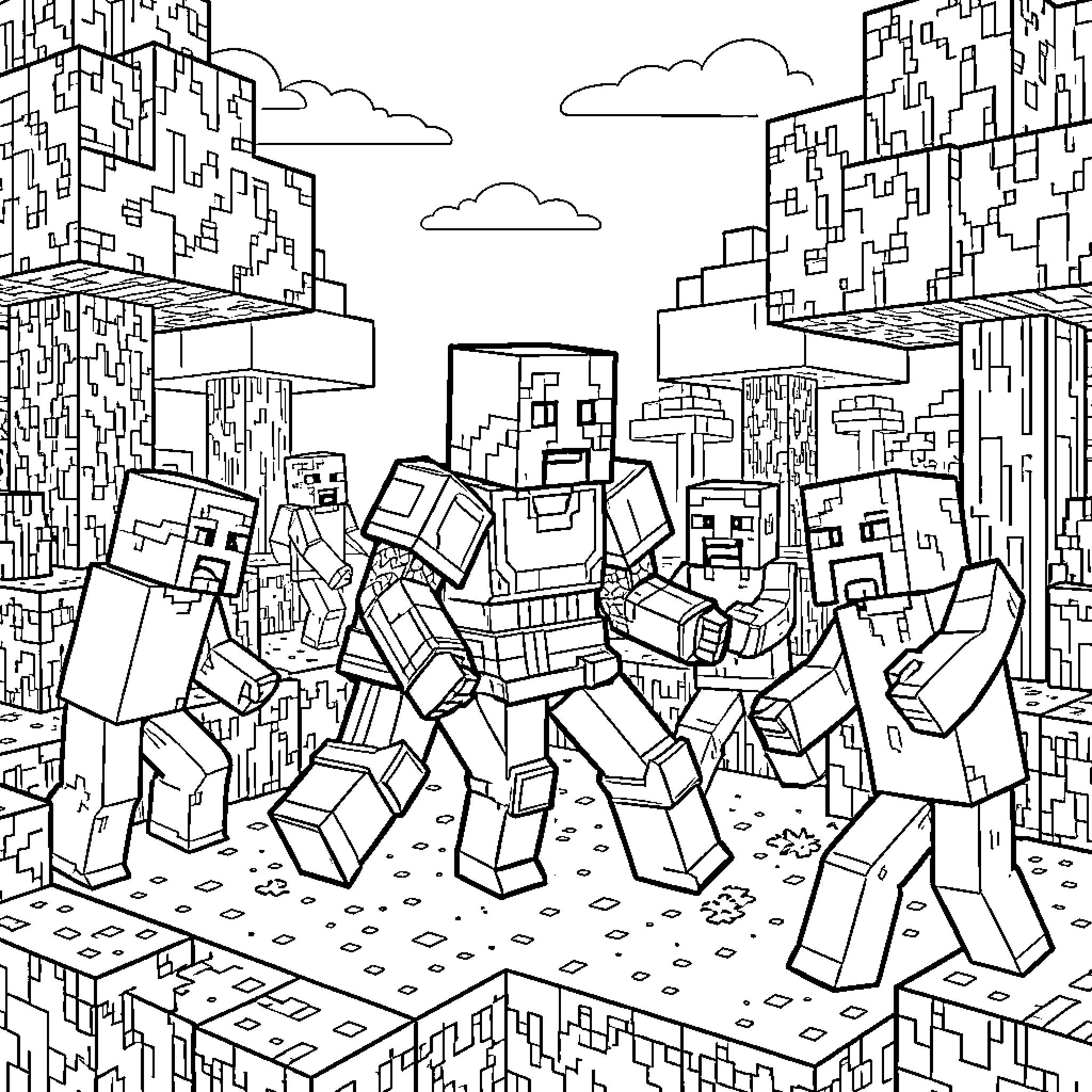 Steve battling various monsters in a blocky landscape Coloring Page (free black-and-white line drawing printable PDF for all, from beginners to advanced learners, including children, teens, adults, and seniors)