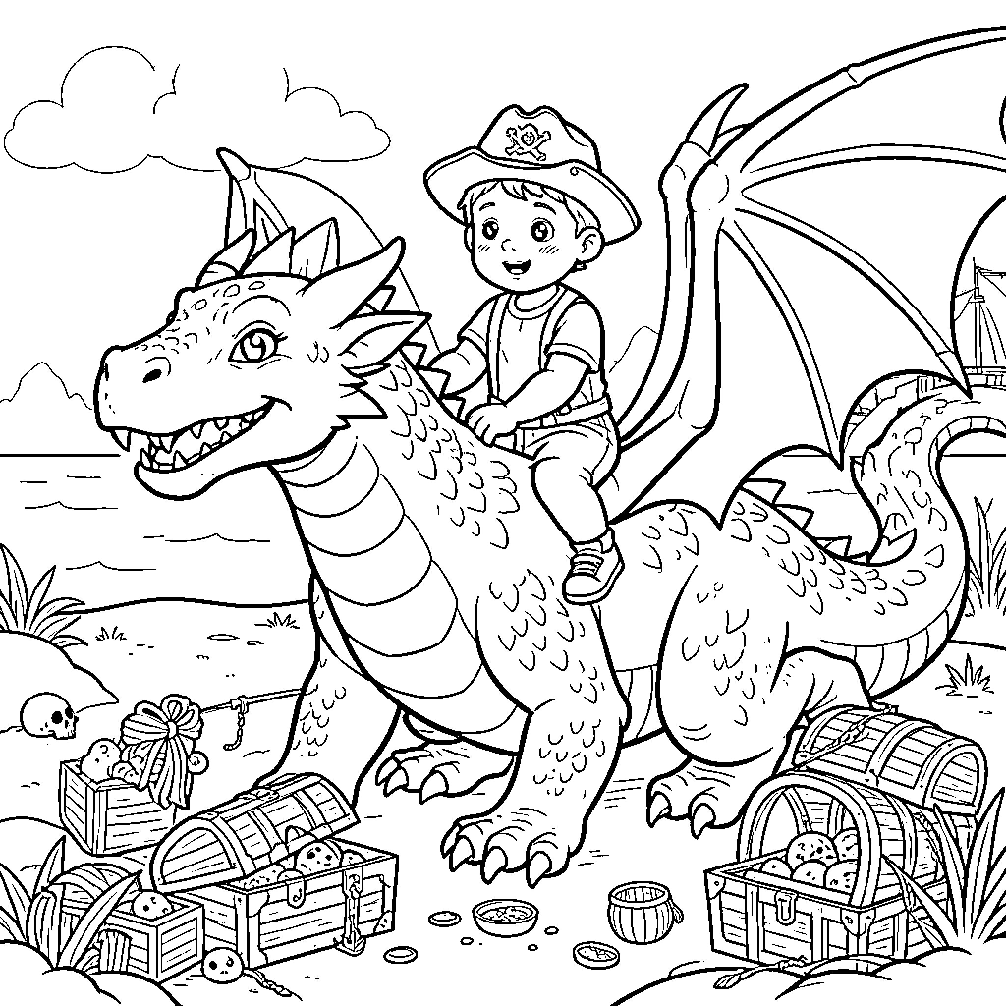 Dragon being ridden by a young boy adventurer Coloring Page (free black-and-white line drawing printable PDF for all, from beginners to advanced learners, including children, teens, adults, and seniors)