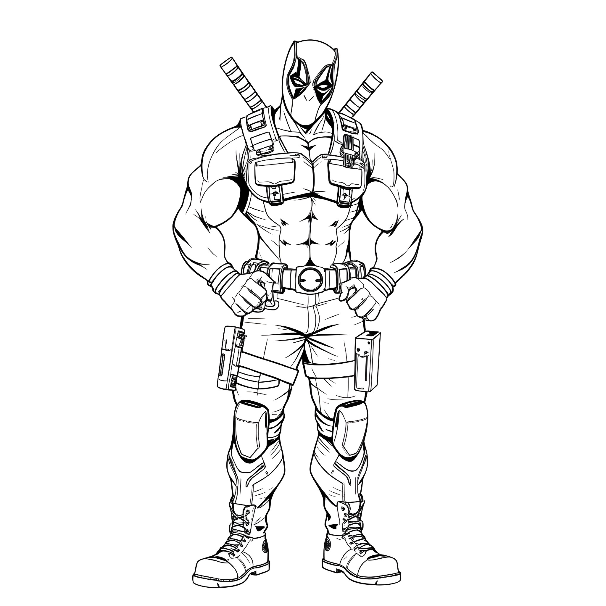 Hulk Deadpool in action pose with weapons Coloring Page (free black-and-white line drawing printable PDF for all, from beginners to advanced learners, including children, teens, adults, and seniors)