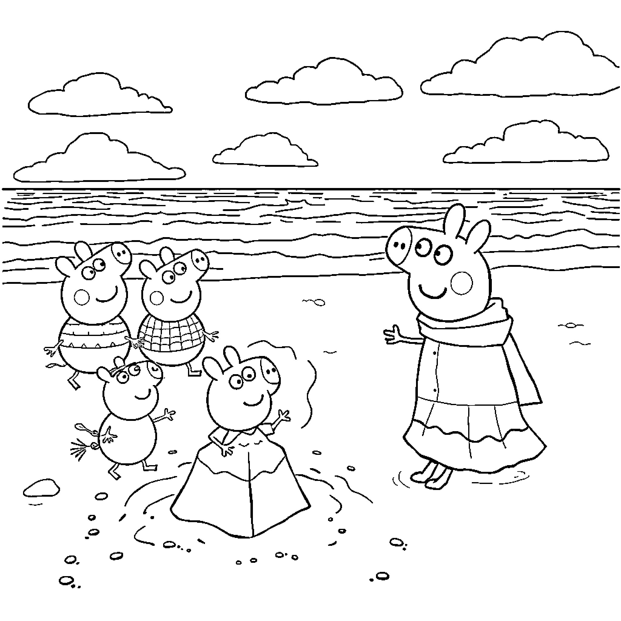Spider friends enjoying a day at the beach Coloring Page (free black-and-white line drawing printable PDF for all, from beginners to advanced learners, including children, teens, adults, and seniors)