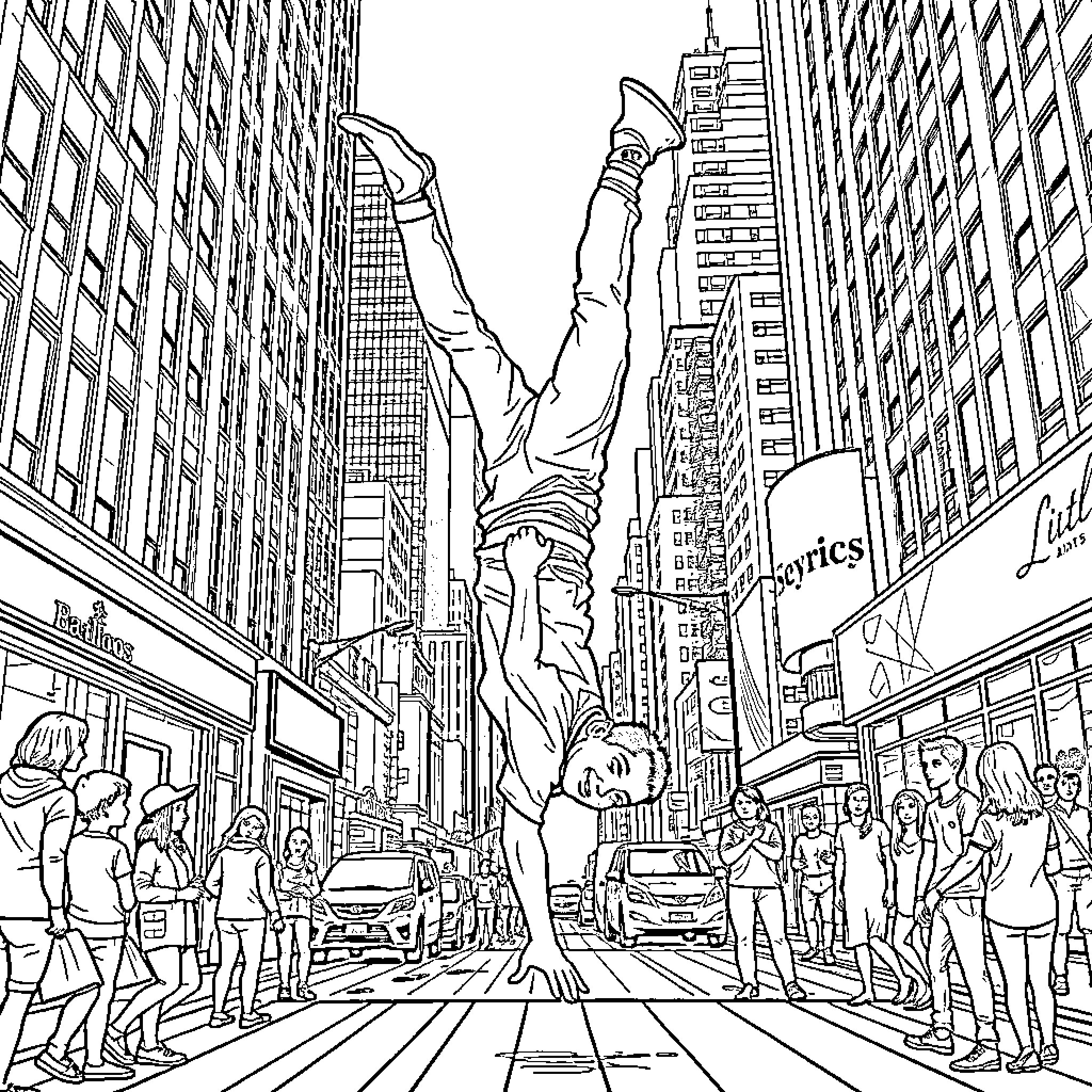 Guy performing acrobatics in bustling city street Coloring Page (free black-and-white line drawing printable PDF for all, from beginners to advanced learners, including children, teens, adults, and seniors)