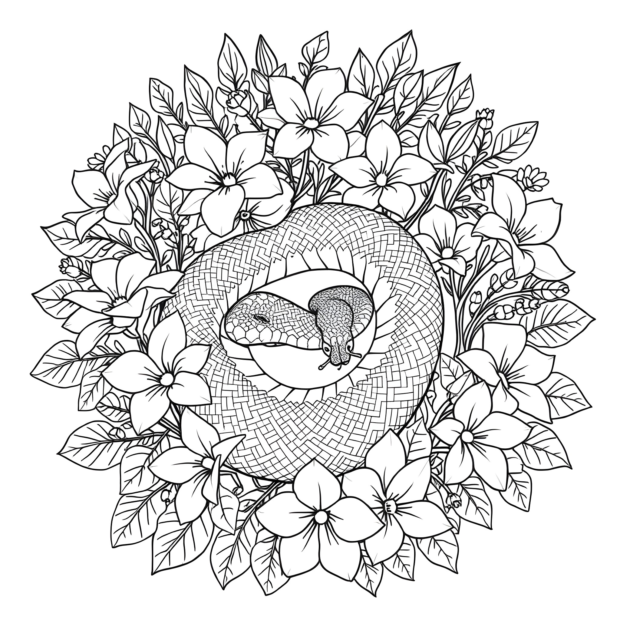 Dendroaspis Angusticeps sleeping in a floral wreath Coloring Page (free black-and-white line drawing printable PDF for all, from beginners to advanced learners, including children, teens, adults, and seniors)