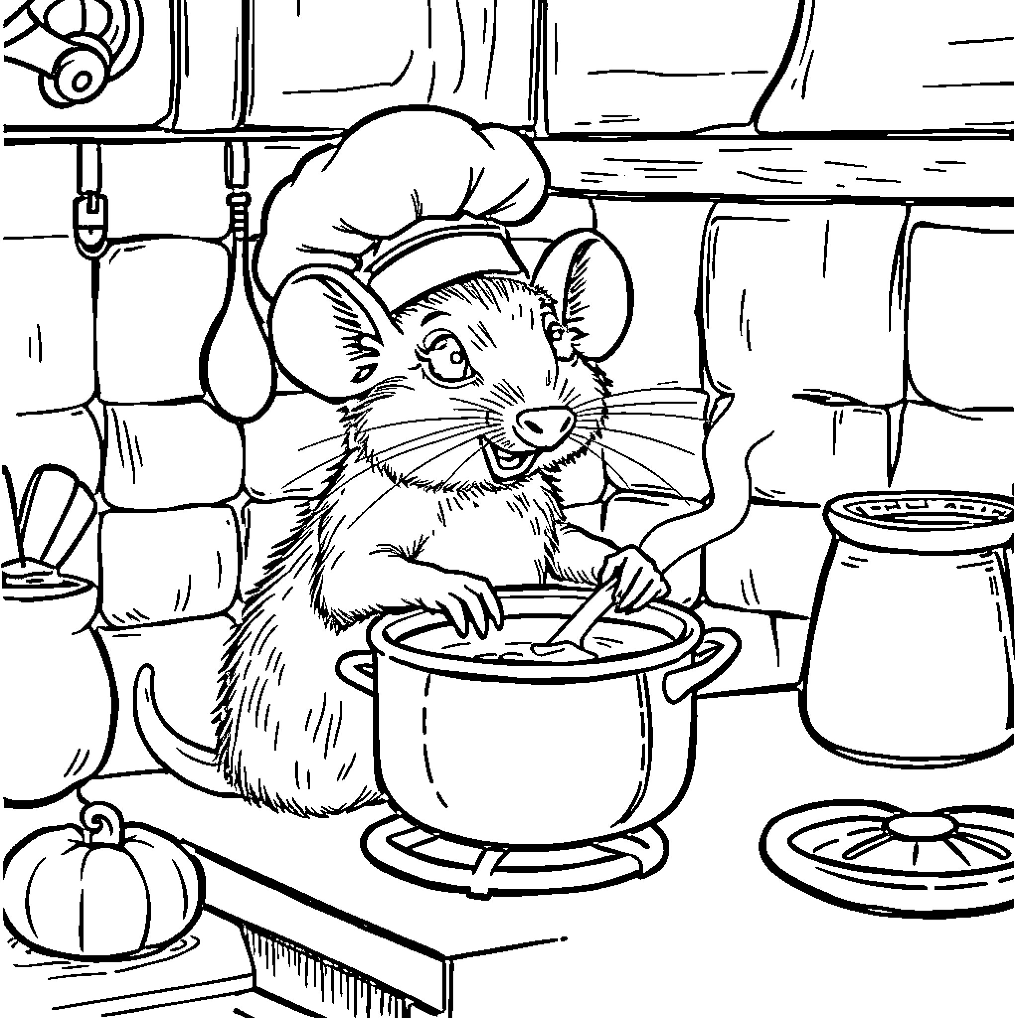 Rat chef cooking in the kitchen Coloring Page (free black-and-white line drawing printable PDF for all, from beginners to advanced learners, including children, teens, adults, and seniors)