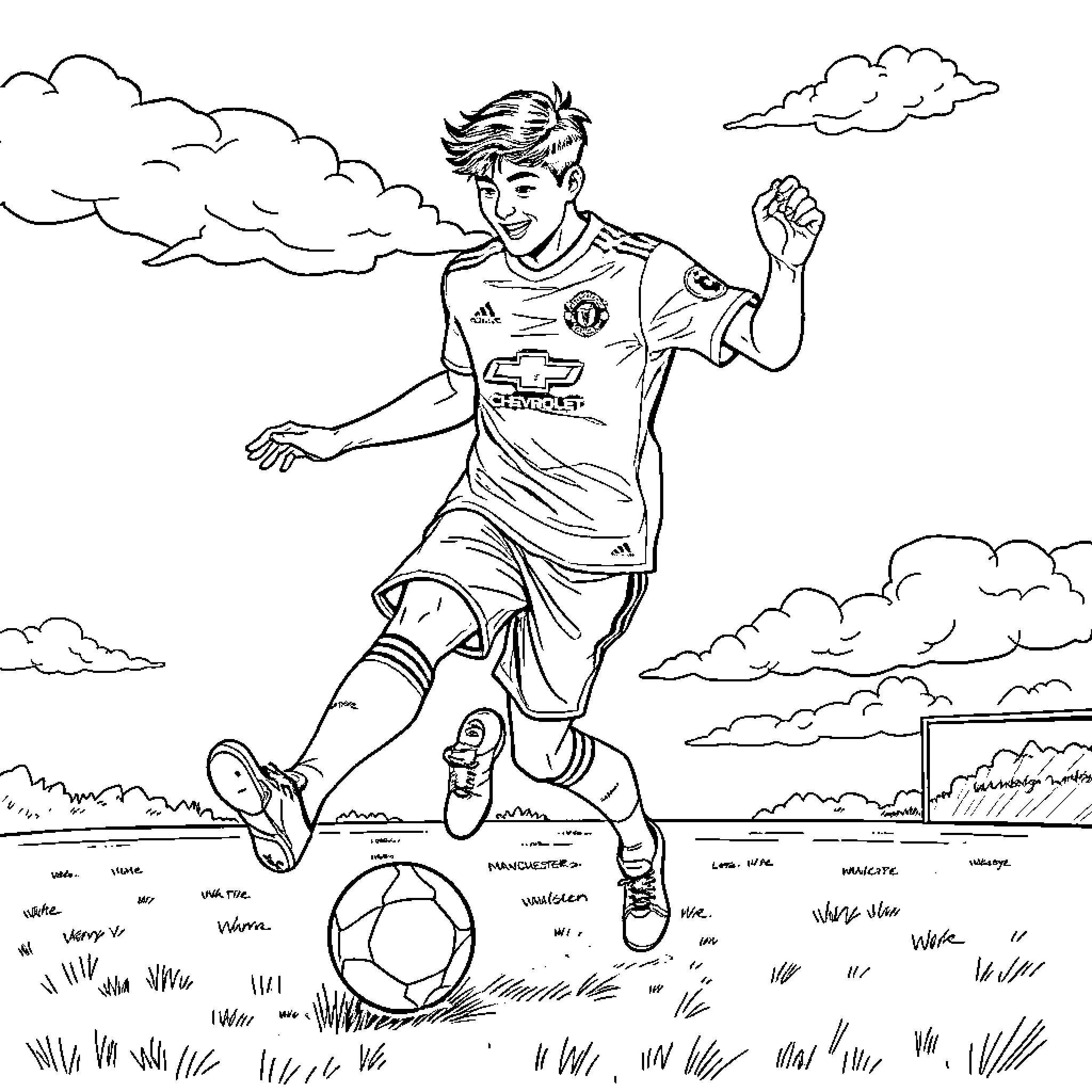 Rumi playing soccer in the park Coloring Page (free black-and-white line drawing printable PDF for all, from beginners to advanced learners, including children, teens, adults, and seniors)