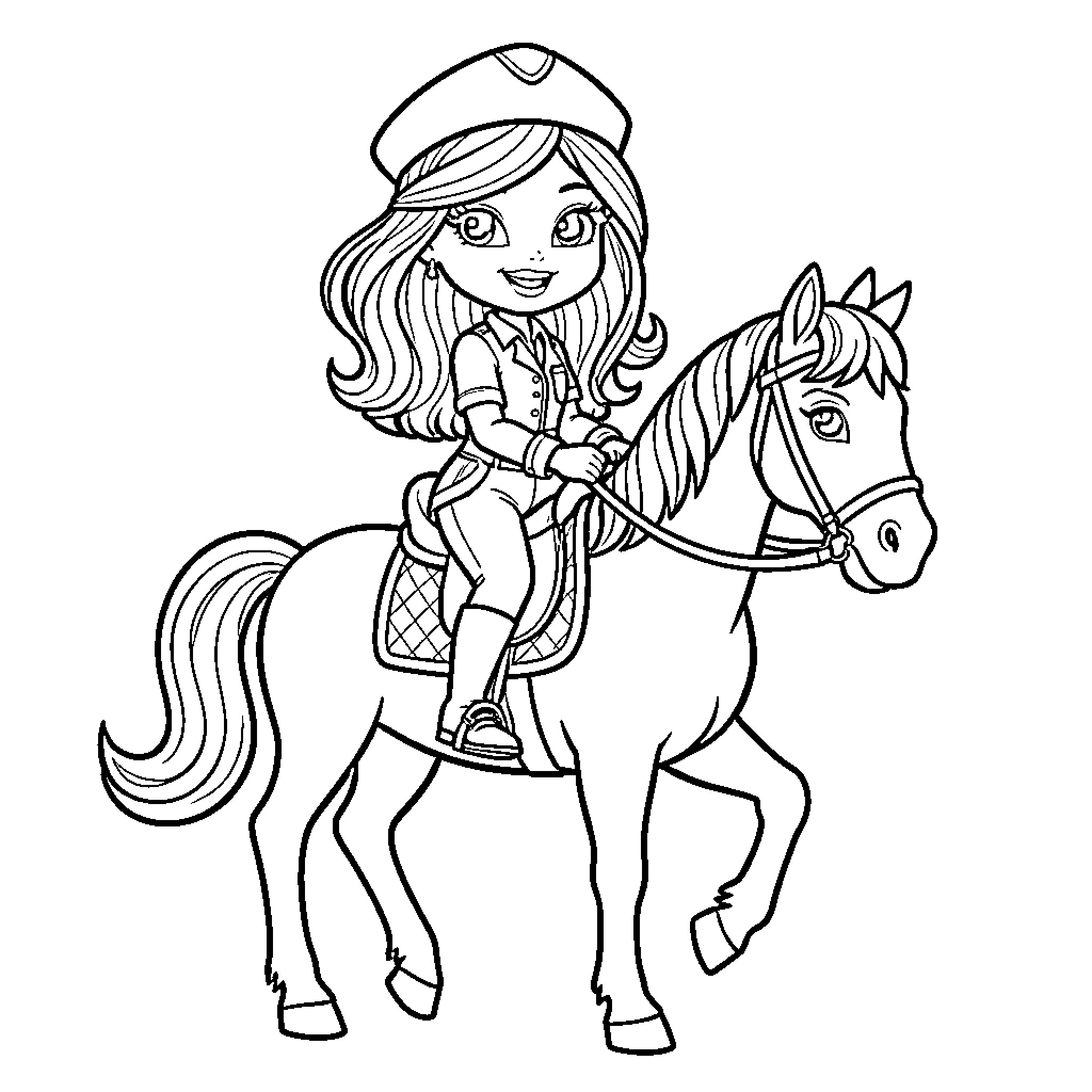 Bratz Doll Riding a Pony with Enthusiasm Coloring Page (free black-and-white line drawing printable PDF for all, from beginners to advanced learners, including children, teens, adults, and seniors)