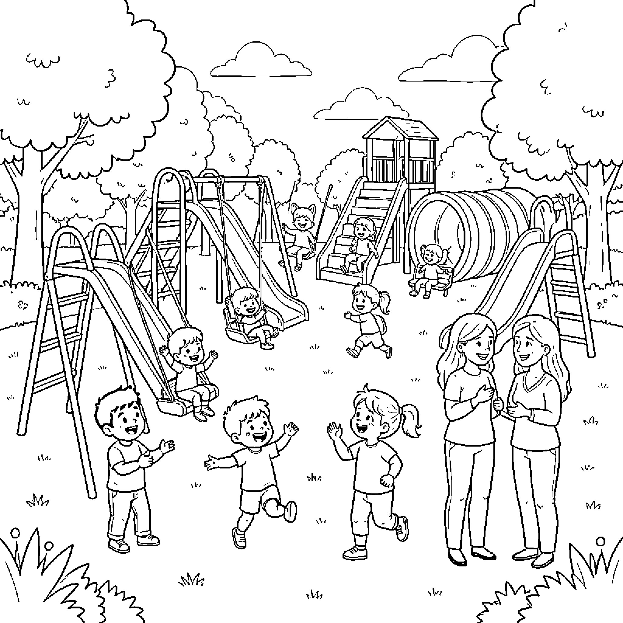 Niño playing at the playground with friends Coloring Page (free black-and-white line drawing printable PDF for all, from beginners to advanced learners, including children, teens, adults, and seniors)