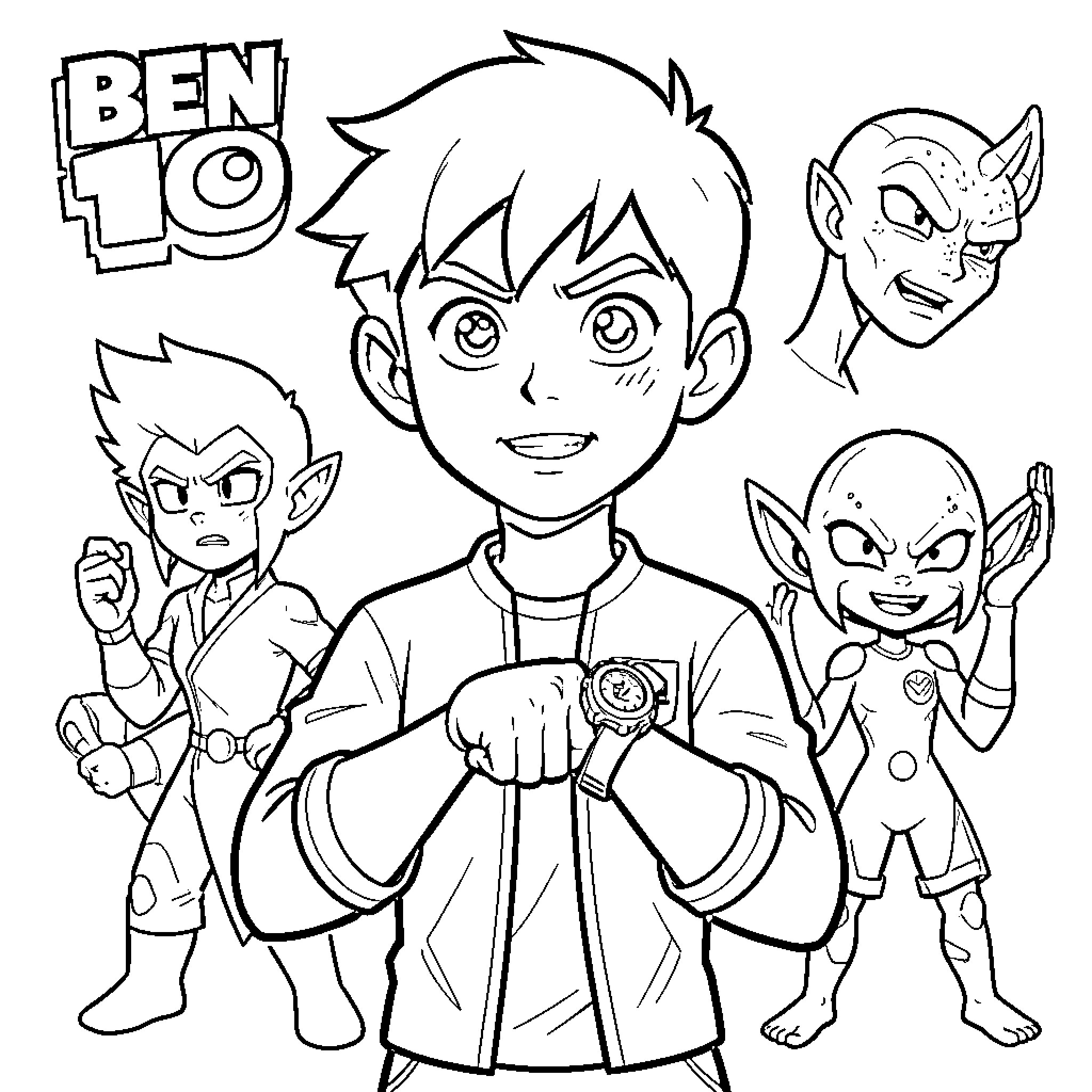Ben 10 and his alien friends in action Coloring Page (free black-and-white line drawing printable PDF for all, from beginners to advanced learners, including children, teens, adults, and seniors)