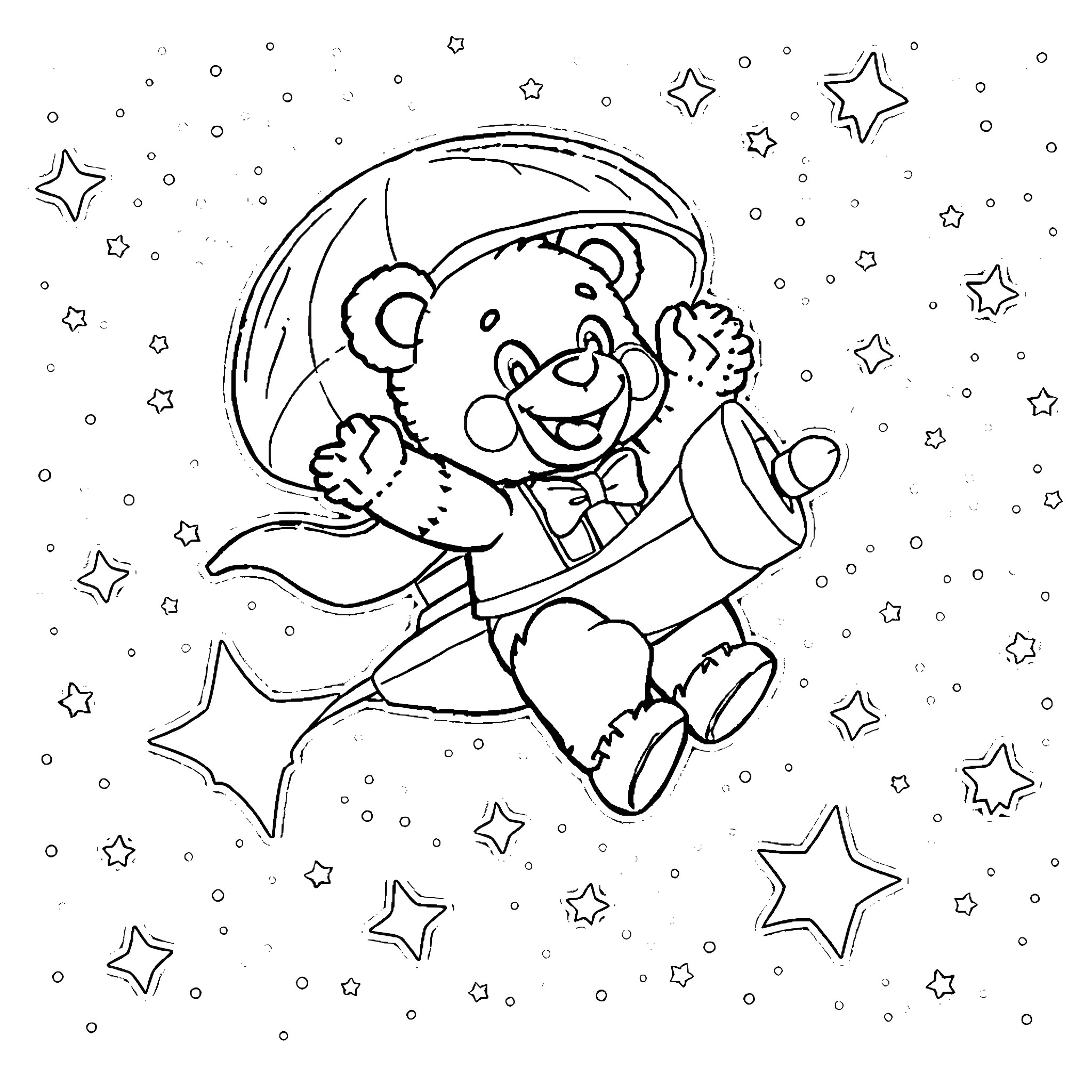 Freddy Fazbear floating amongst the stars Coloring Page (free black-and-white line drawing printable PDF for all, from beginners to advanced learners, including children, teens, adults, and seniors)
