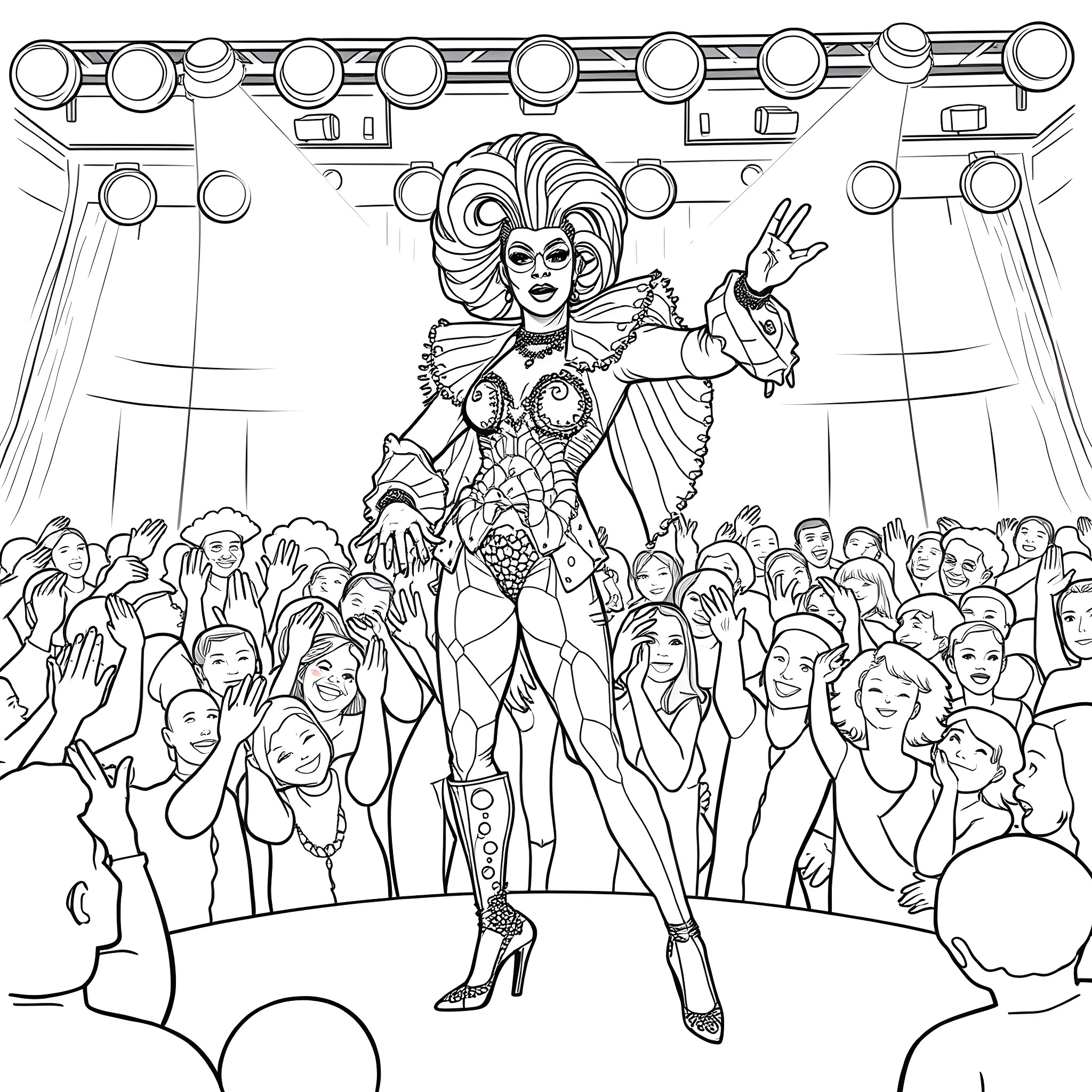 RuPaul's Theatrical Performance with Crowd Coloring Page (free black-and-white line drawing printable PDF for all, from beginners to advanced learners, including children, teens, adults, and seniors)