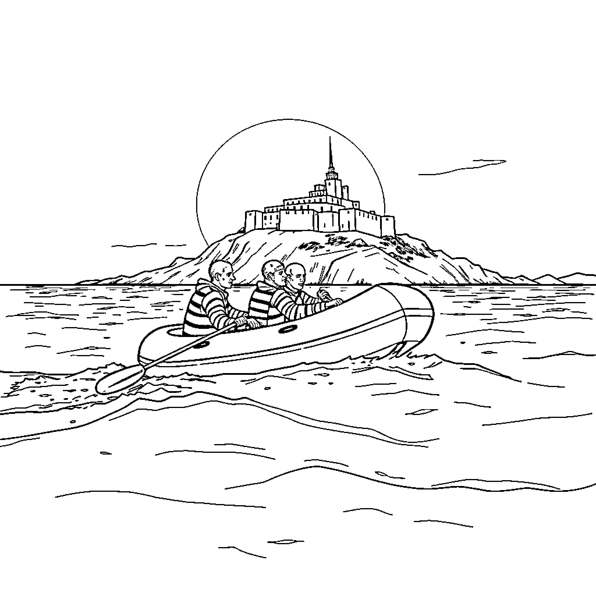 Prisoner rowing boat towards coastal fortress Coloring Page (free black-and-white line drawing printable PDF for all, from beginners to advanced learners, including children, teens, adults, and seniors)