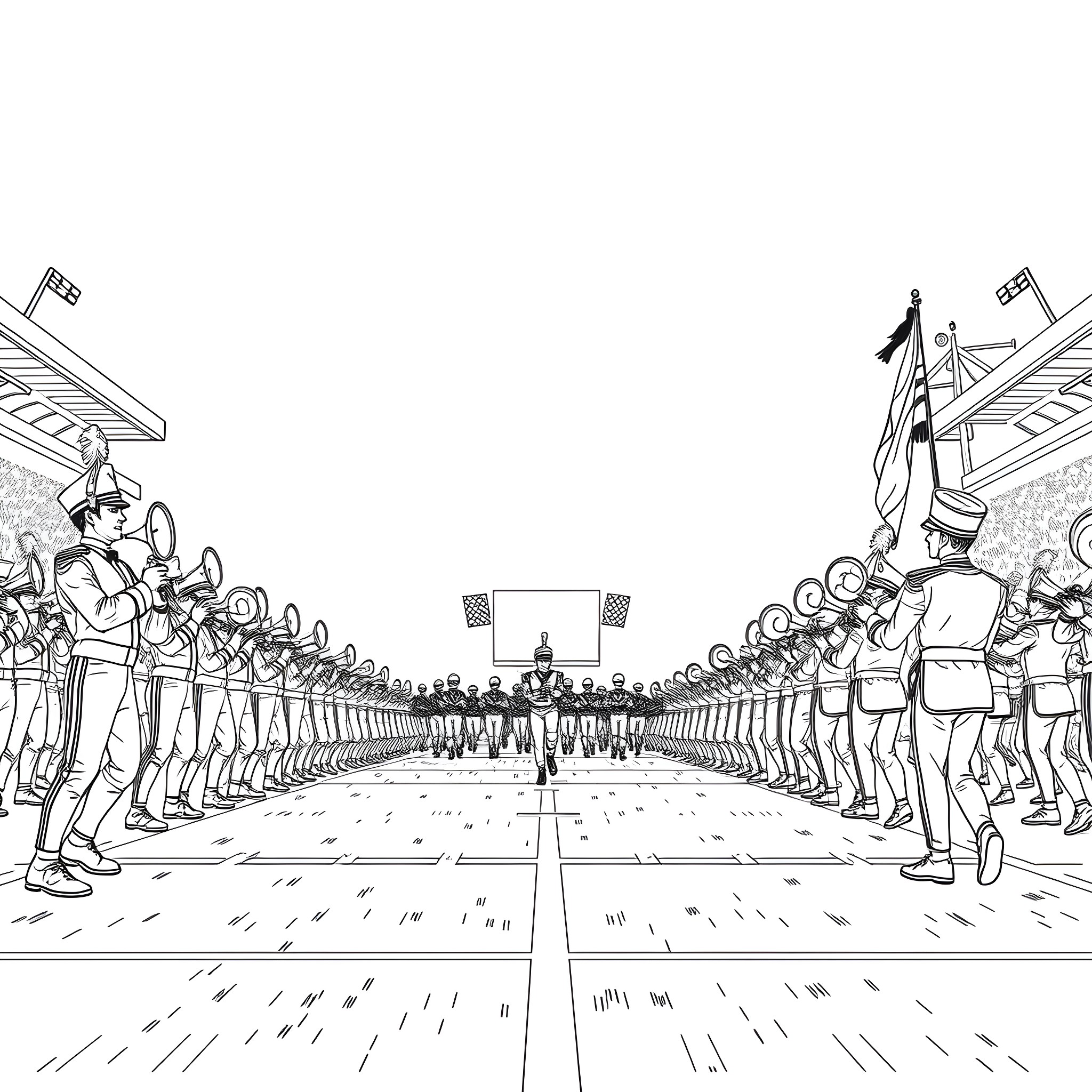 Marching Band Performing in Uniform Parade Coloring Page (free black-and-white line drawing printable PDF for all, from beginners to advanced learners, including children, teens, adults, and seniors)