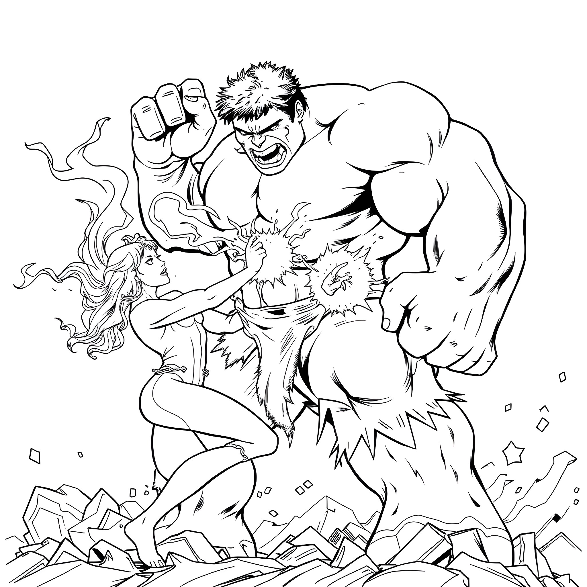 Hulk Battling Fiercely with Powerful Heroine Coloring Page (free black-and-white line drawing printable PDF for all, from beginners to advanced learners, including children, teens, adults, and seniors)