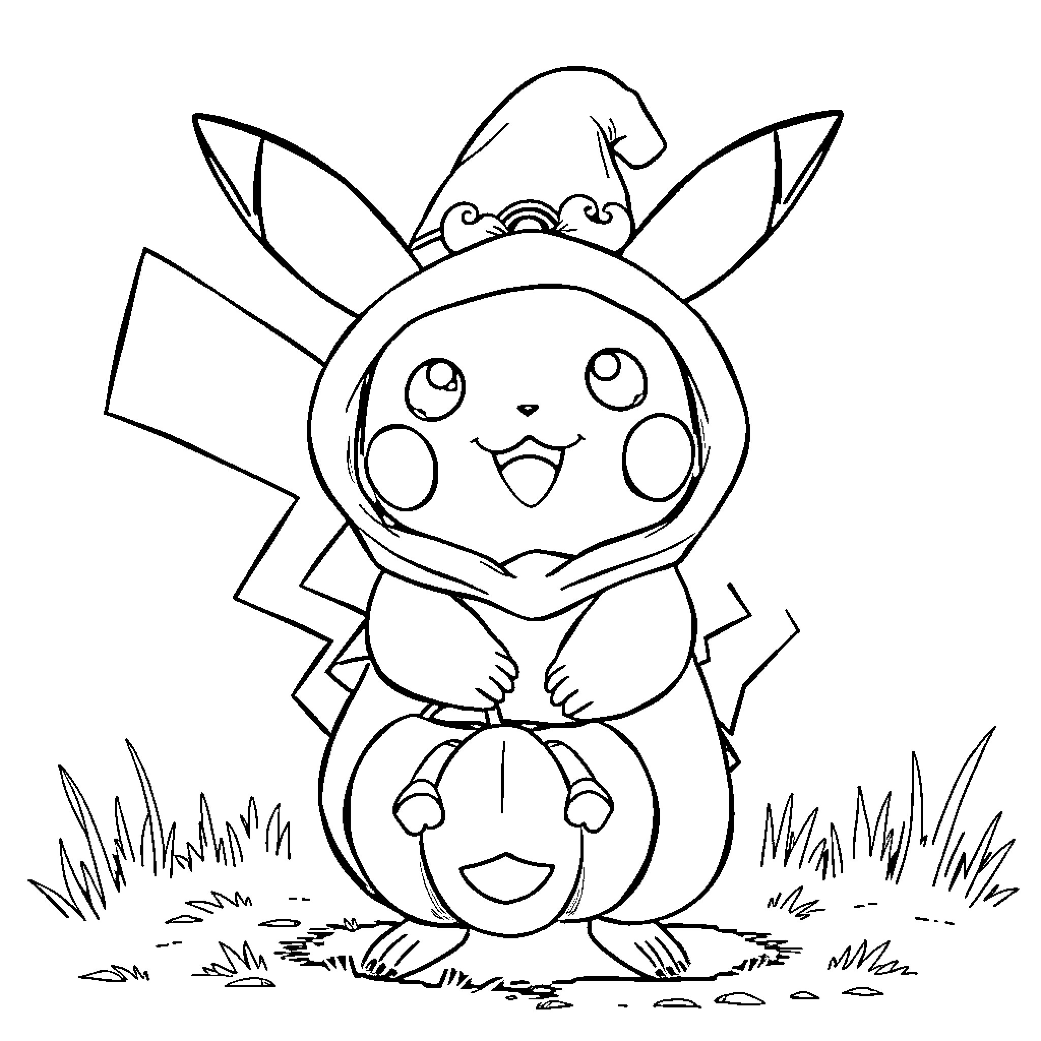 Pikachu dressed as a Halloween pumpkin Coloring Page (free black-and-white line drawing printable PDF for all, from beginners to advanced learners, including children, teens, adults, and seniors)