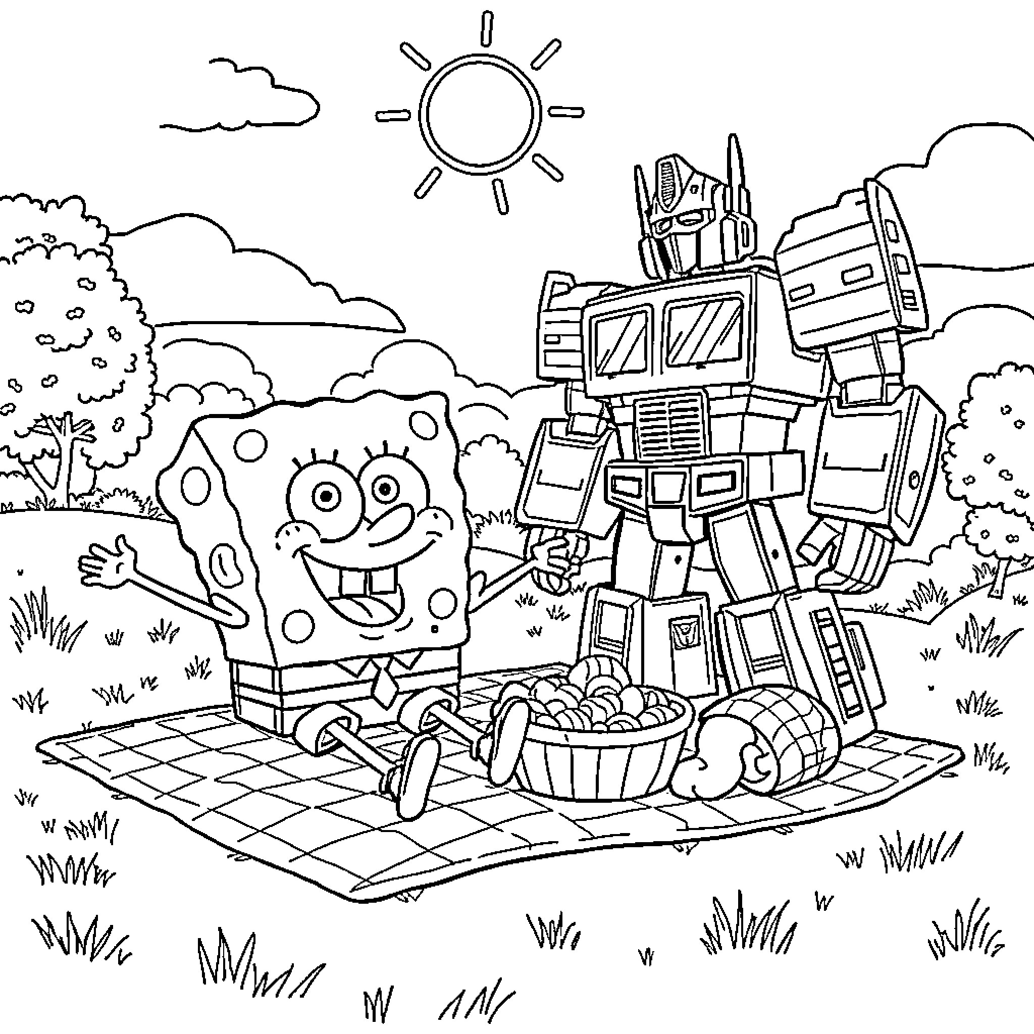 Spongebob's Picnic with Transformers in Nature Coloring Page (free black-and-white line drawing printable PDF for all, from beginners to advanced learners, including children, teens, adults, and seniors)